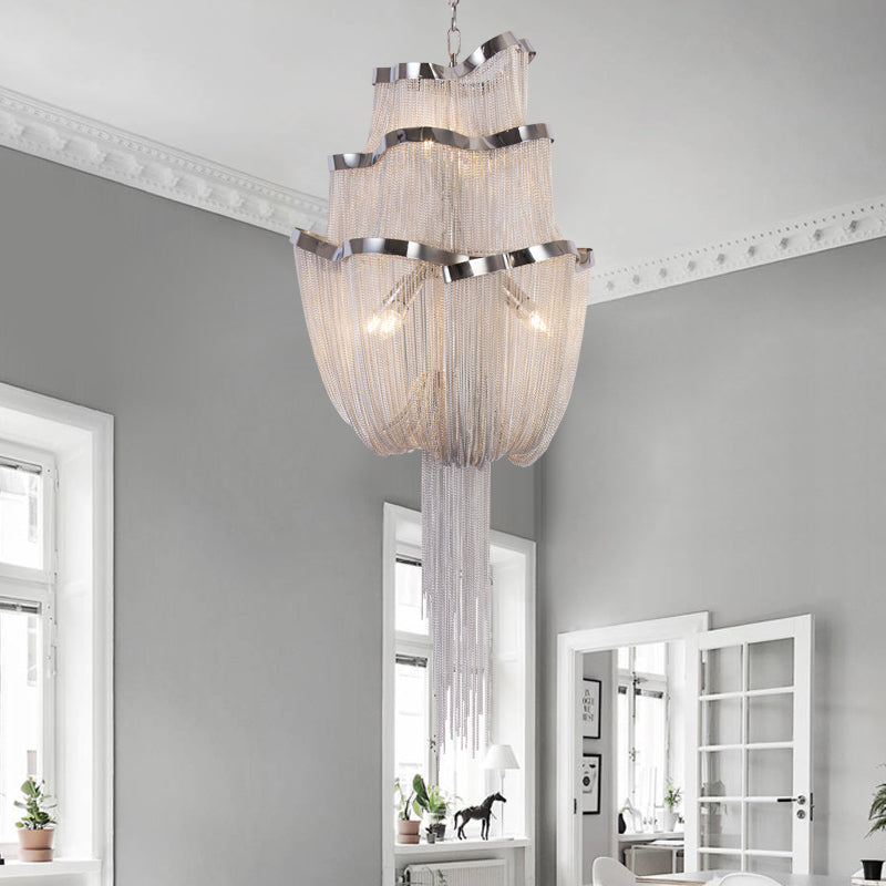 Meerosee Modern Chandelier Light Silver Aluminum Chain French Pendant Lamp D31.5''