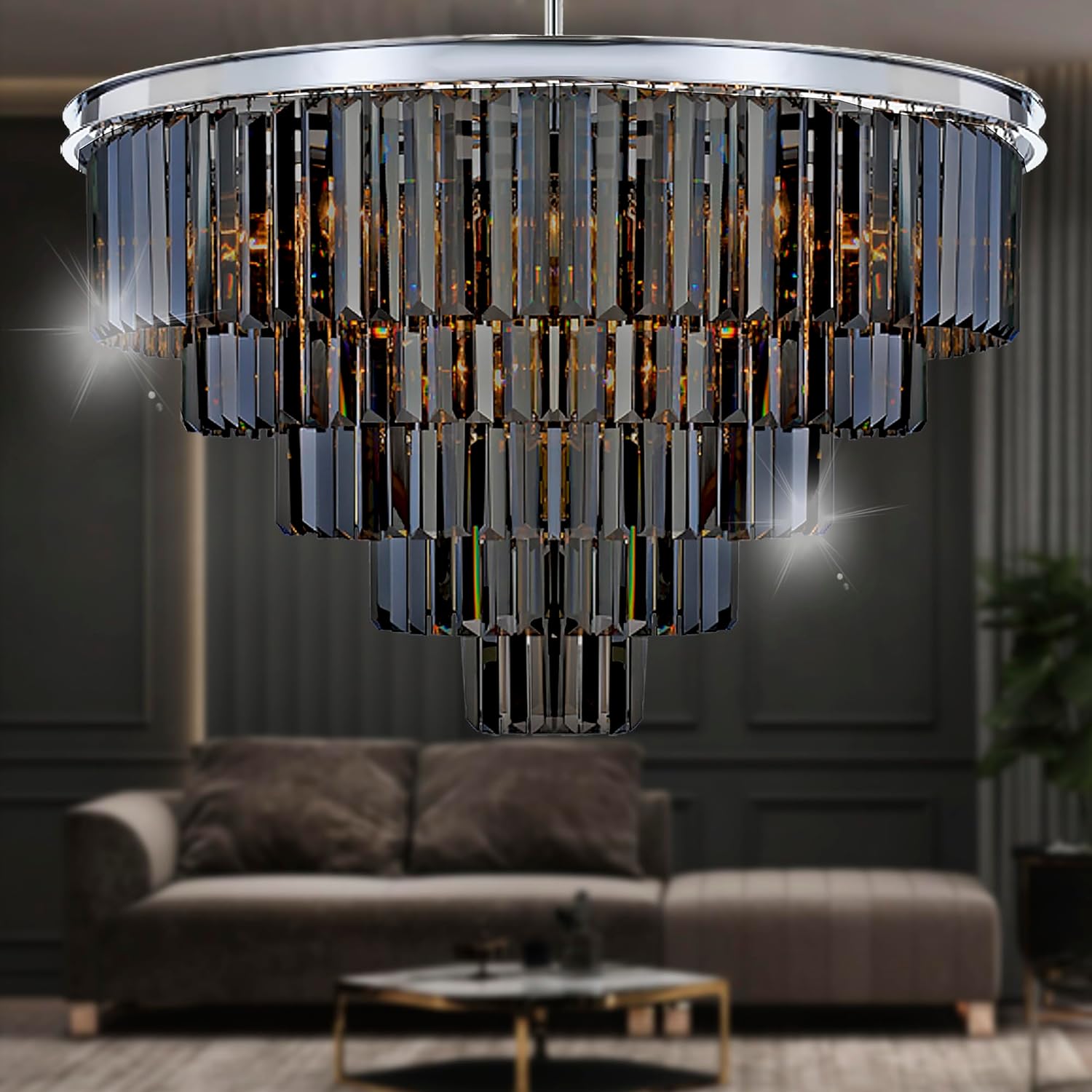 Chrome Grey Crystal Chandelier Modern Pendant Ceiling Light D20/D24/32 inch