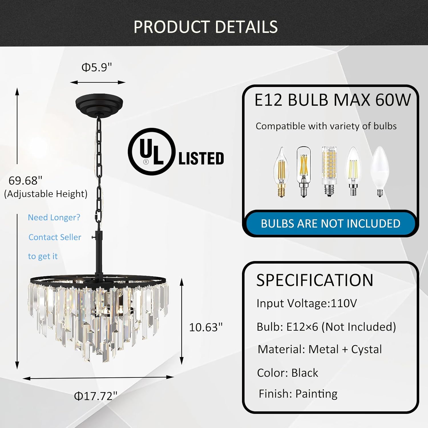 Modern Black Pendant Lamp Contemporary Gold 4/5/6/7-Tier k9 Crystal Chandelier Light