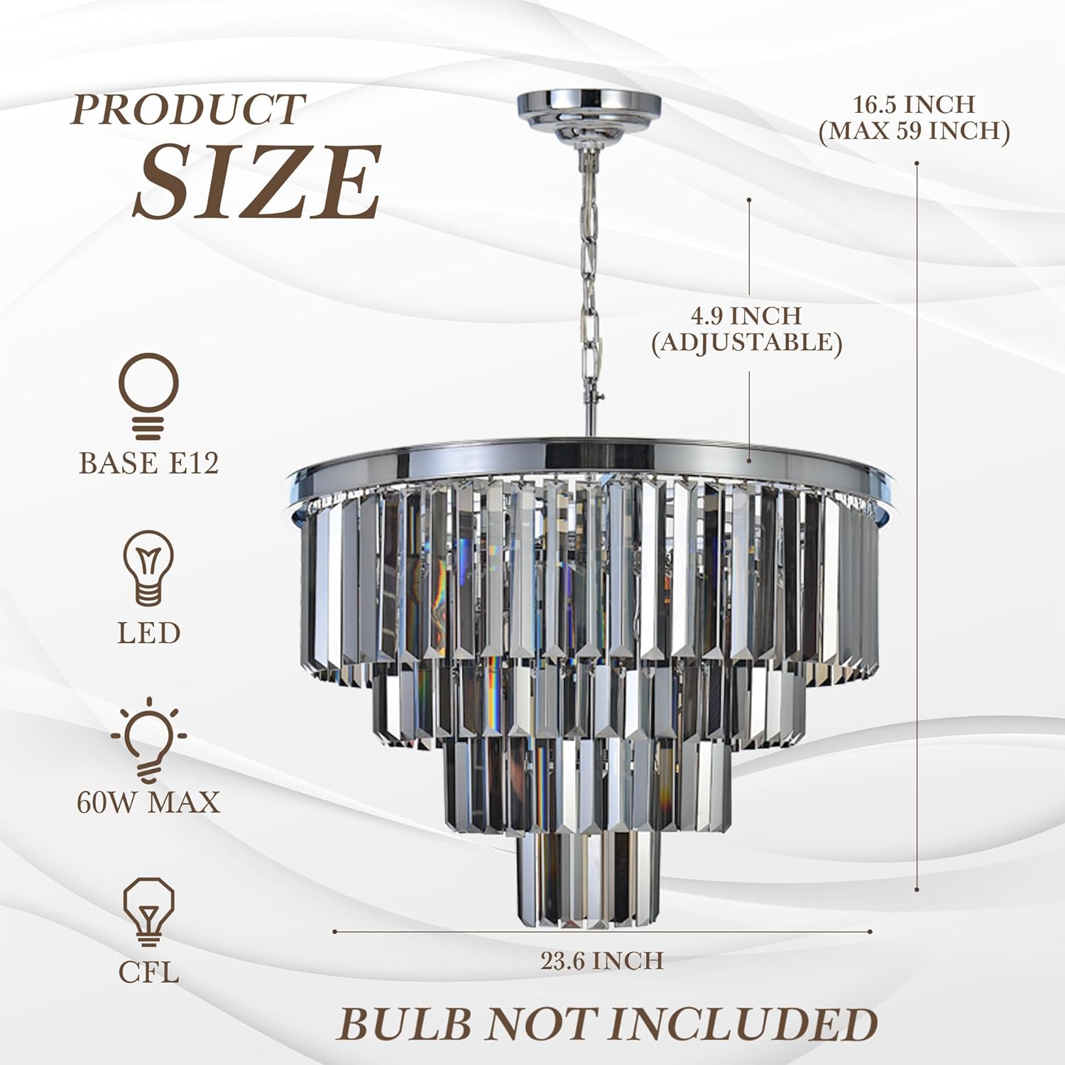 Chrome Grey Crystal Chandelier Modern Pendant Ceiling Light D20/D24/32 inch