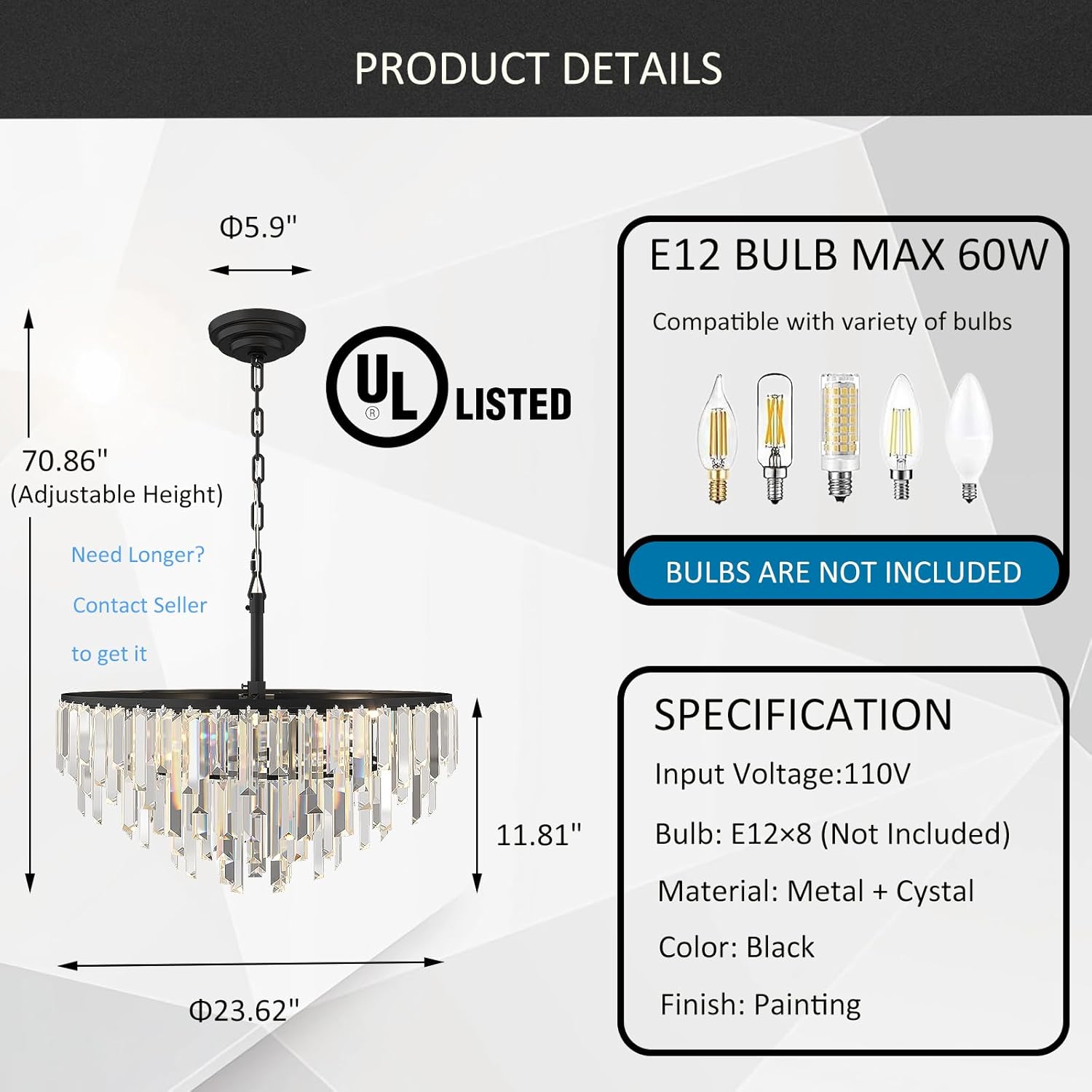 Modern Black Pendant Lamp Contemporary Gold 4/5/6/7-Tier k9 Crystal Chandelier Light