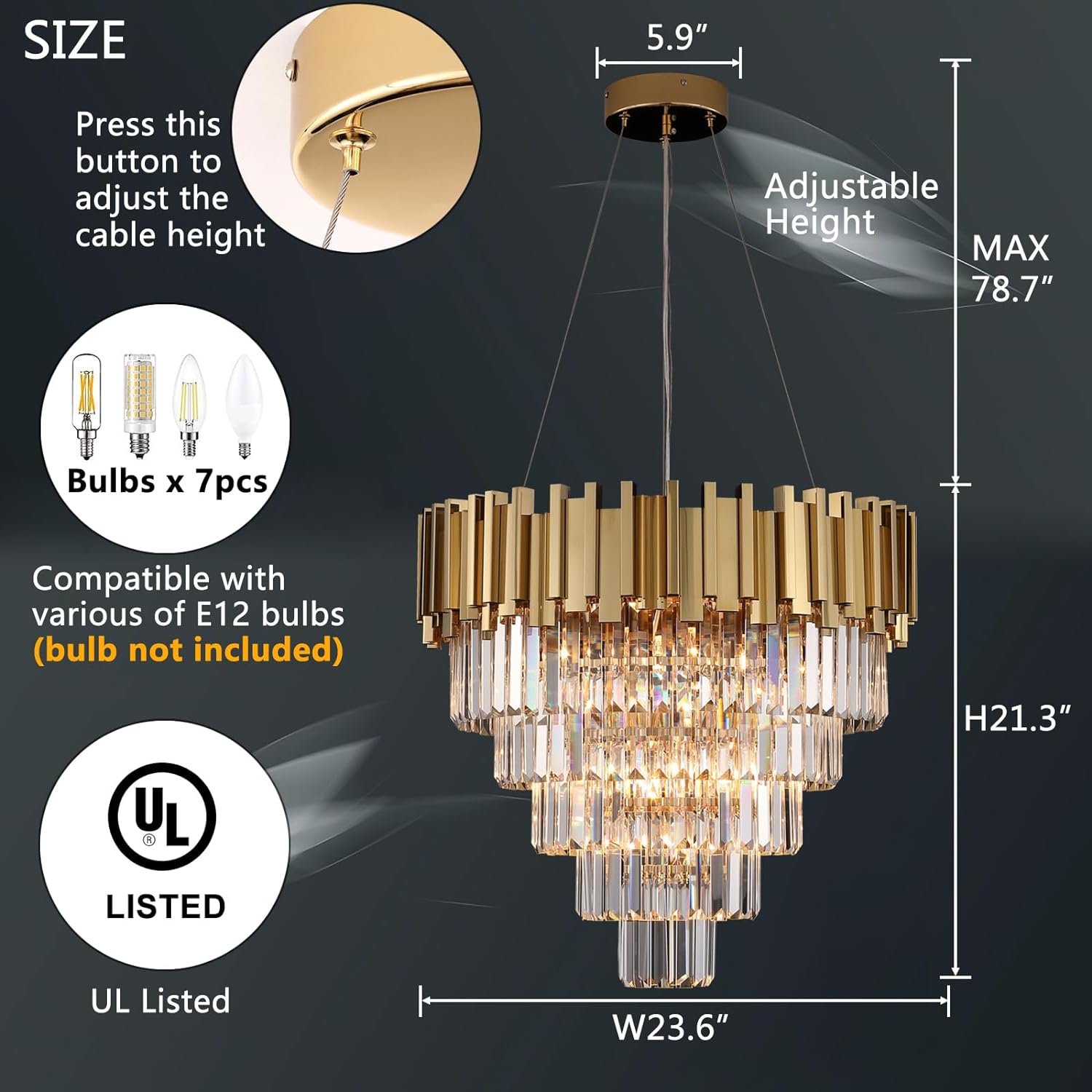 Meerosee Gold Chandeliers Light Fixtures Contemporary Modern Pendant Lamp 5/6/7 Tier