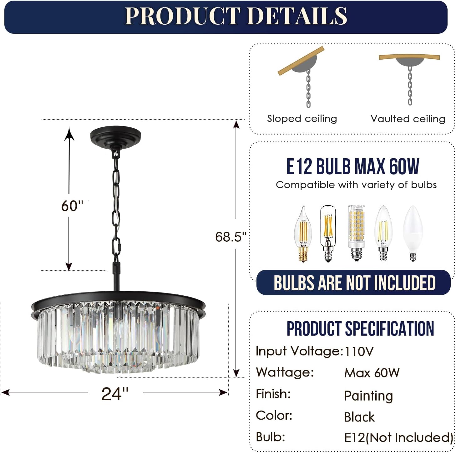 Meerosee Black 3-Tier Crystal Chandelier Light Modern Luxury Pendant Ceiling Lamp