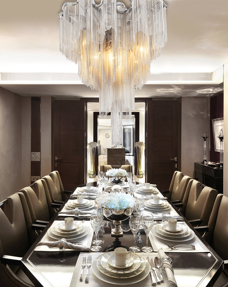 Modern Aluminum Chain Chandelier Light Silver Pendant Lamp For Foyer Dining Room