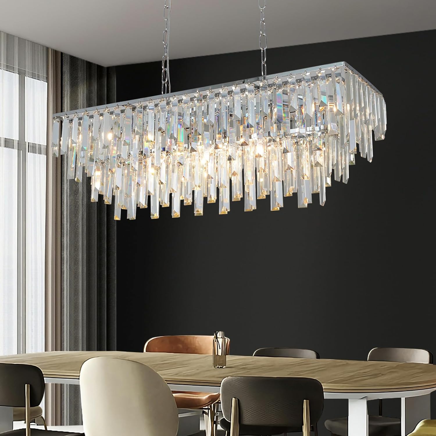Meerosee Chrome K9 Crystal Chandelier Rectangle Modern Rectangular Pendant Lighting