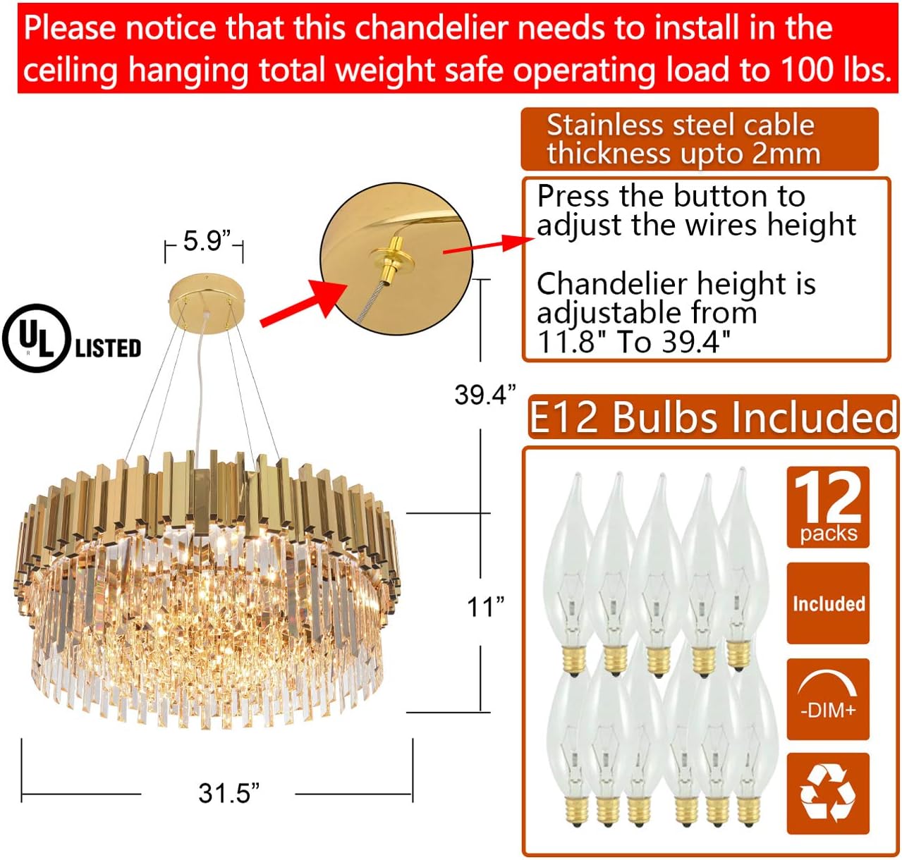 Gold/Chrome Chandelier Lighting Luxury Pendant Ceiling Light Dimmable 12-Lights