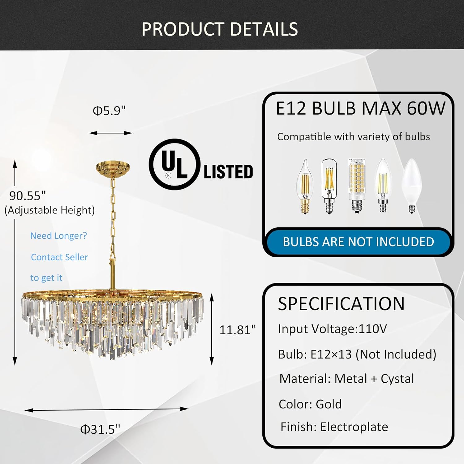 Modern Black Pendant Lamp Contemporary Gold 4/5/6/7-Tier k9 Crystal Chandelier Light