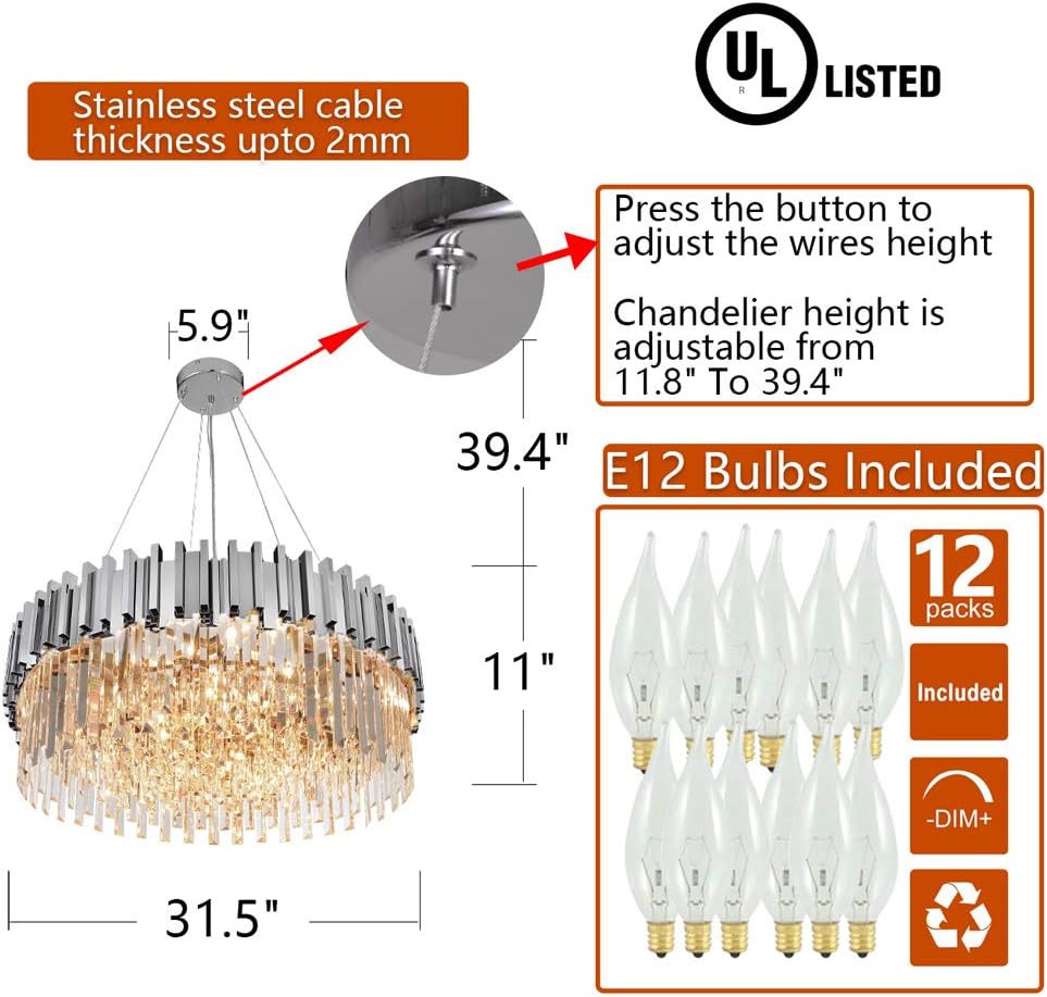 Gold/Chrome Chandelier Lighting Luxury Pendant Ceiling Light Dimmable 12-Lights