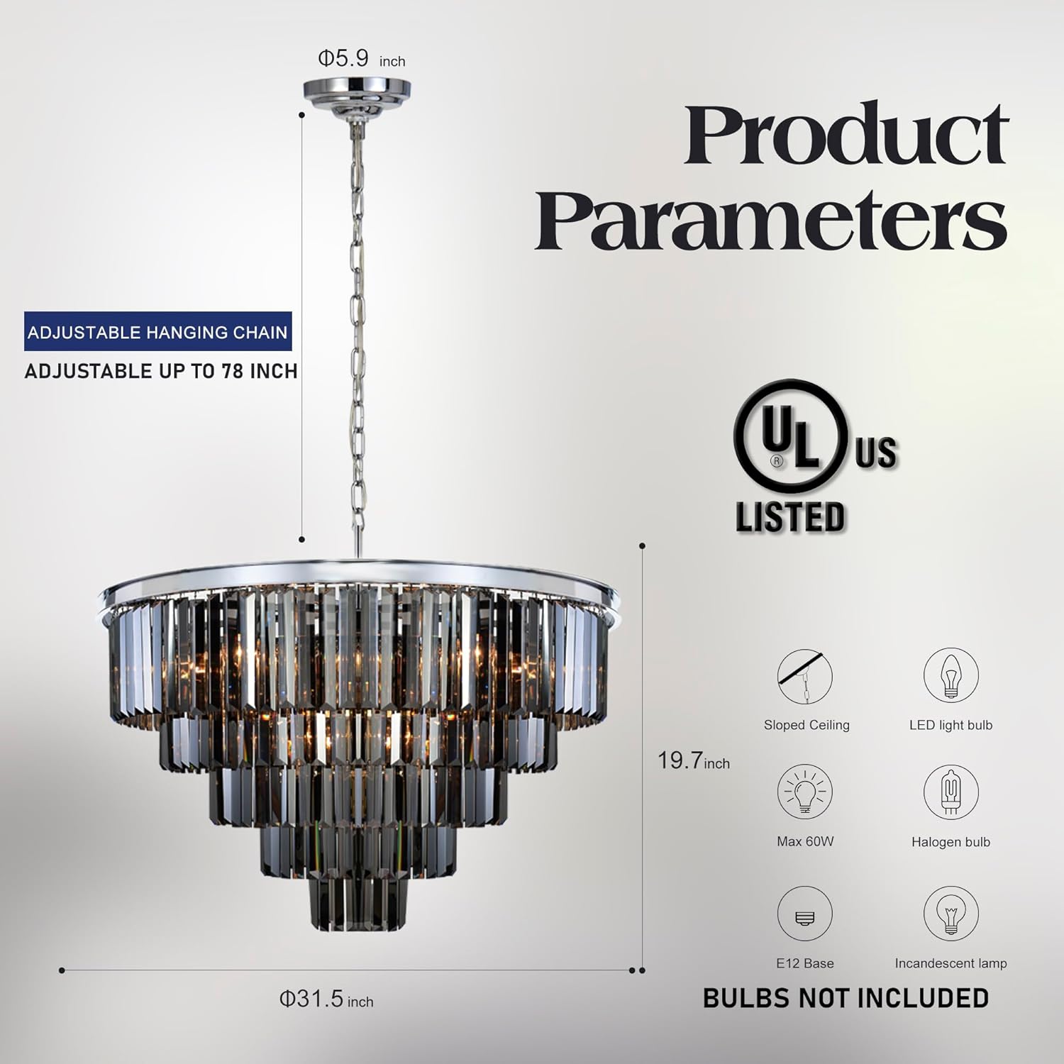 Chrome Grey Crystal Chandelier Modern Pendant Ceiling Light D20/D24/32 inch