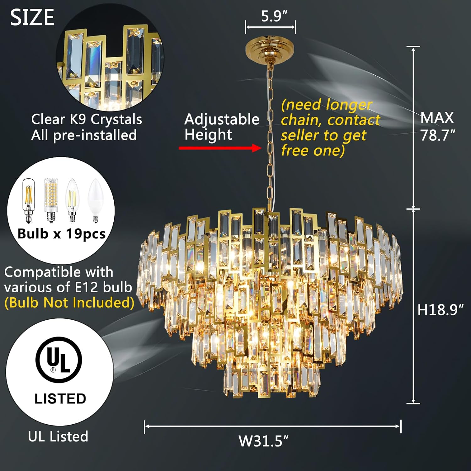 Crystal Chandelier Plated Gold Modern Round Pendant Ceiling Light 3/4 Tier