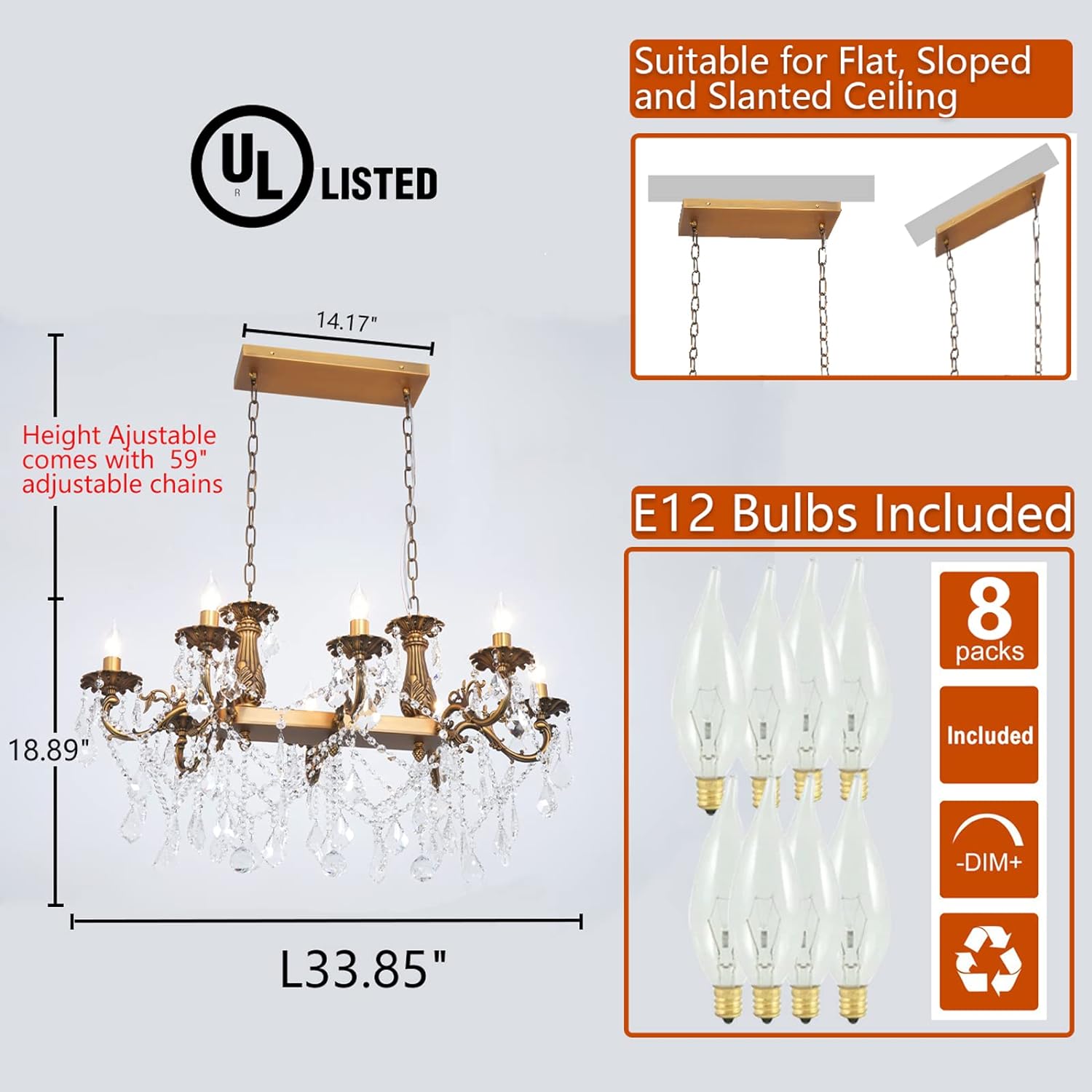 Crystal Chandeliers Rectangle Hanging Ceiling Light Fixture L33.85/L42.91/L51.95
