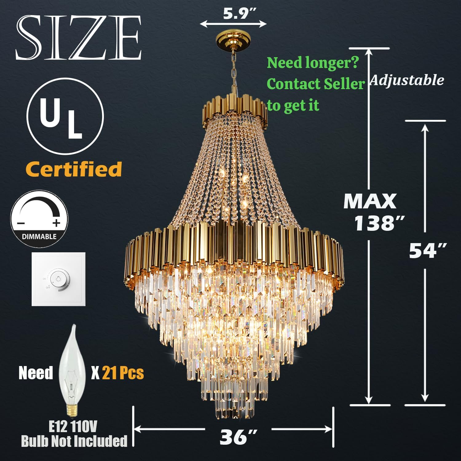 Crystal Chandeliers Contemporary Gold Chrome Pendant Light 21 Lights Large 36''