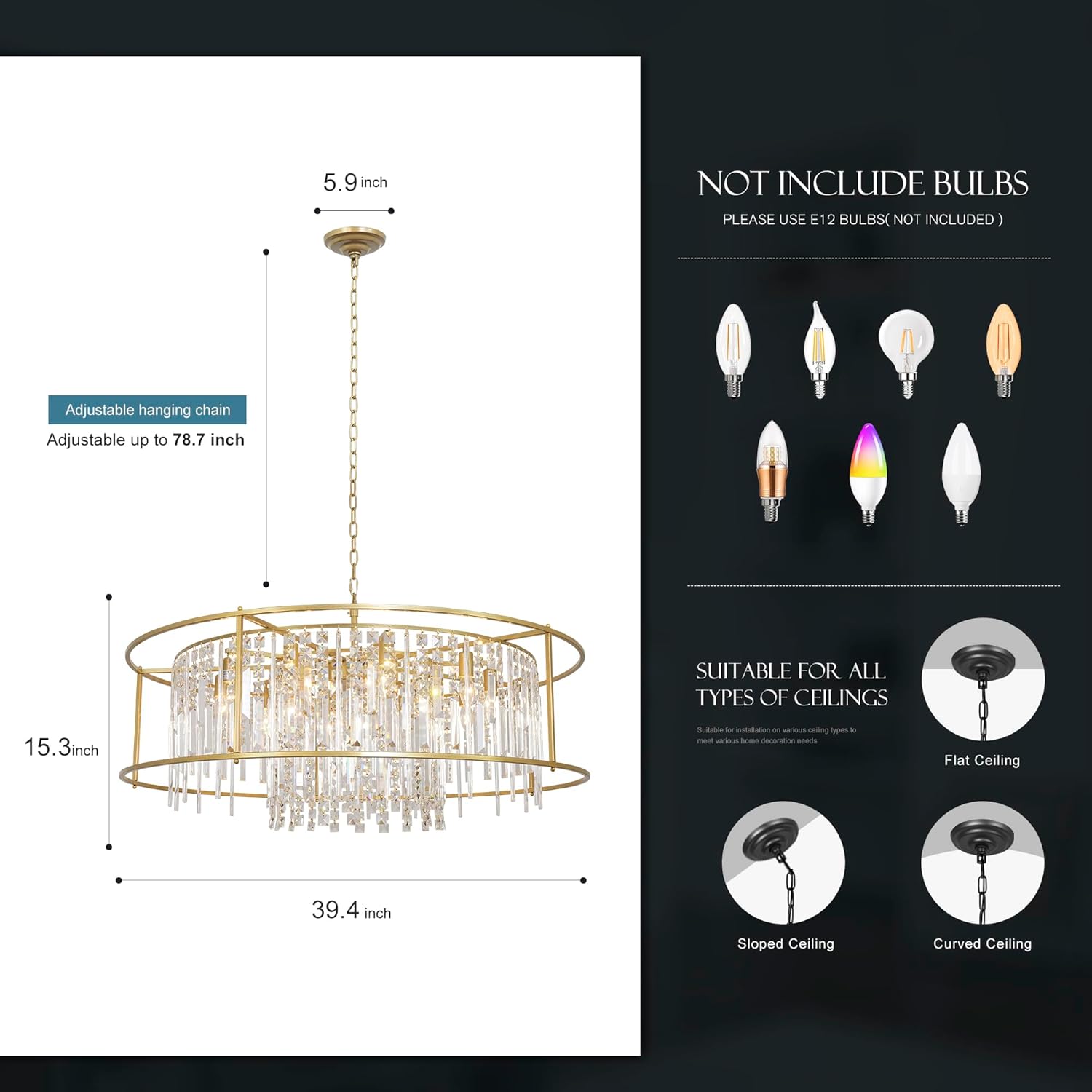 Modern Black Pendant Lamp Luxury Round K9 Crystal E12 Chandelier Light for Hallway Foyer