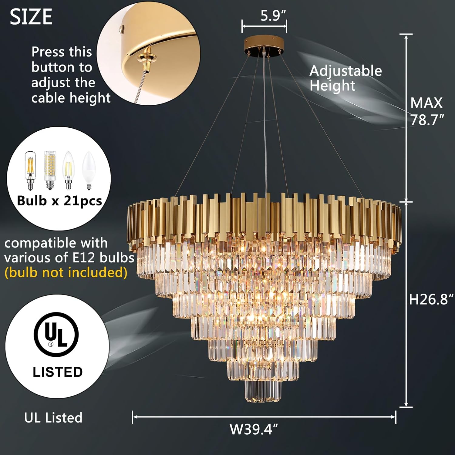 Meerosee Gold Chandeliers Light Fixtures Contemporary Modern Pendant Lamp 5/6/7 Tier