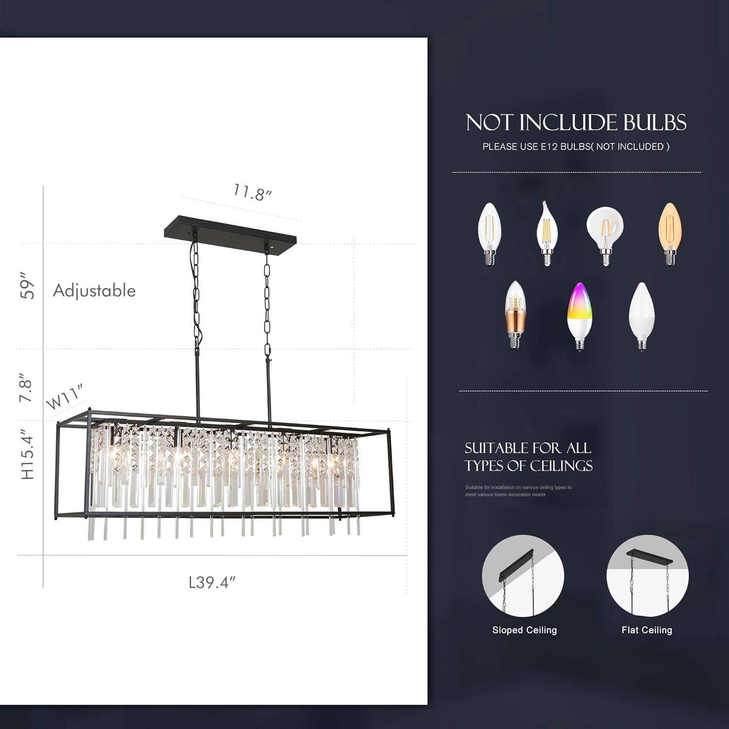 Modern Rectangular Crystal Chandelier Gold/Black Pendant Lights Fixture for Kitchen