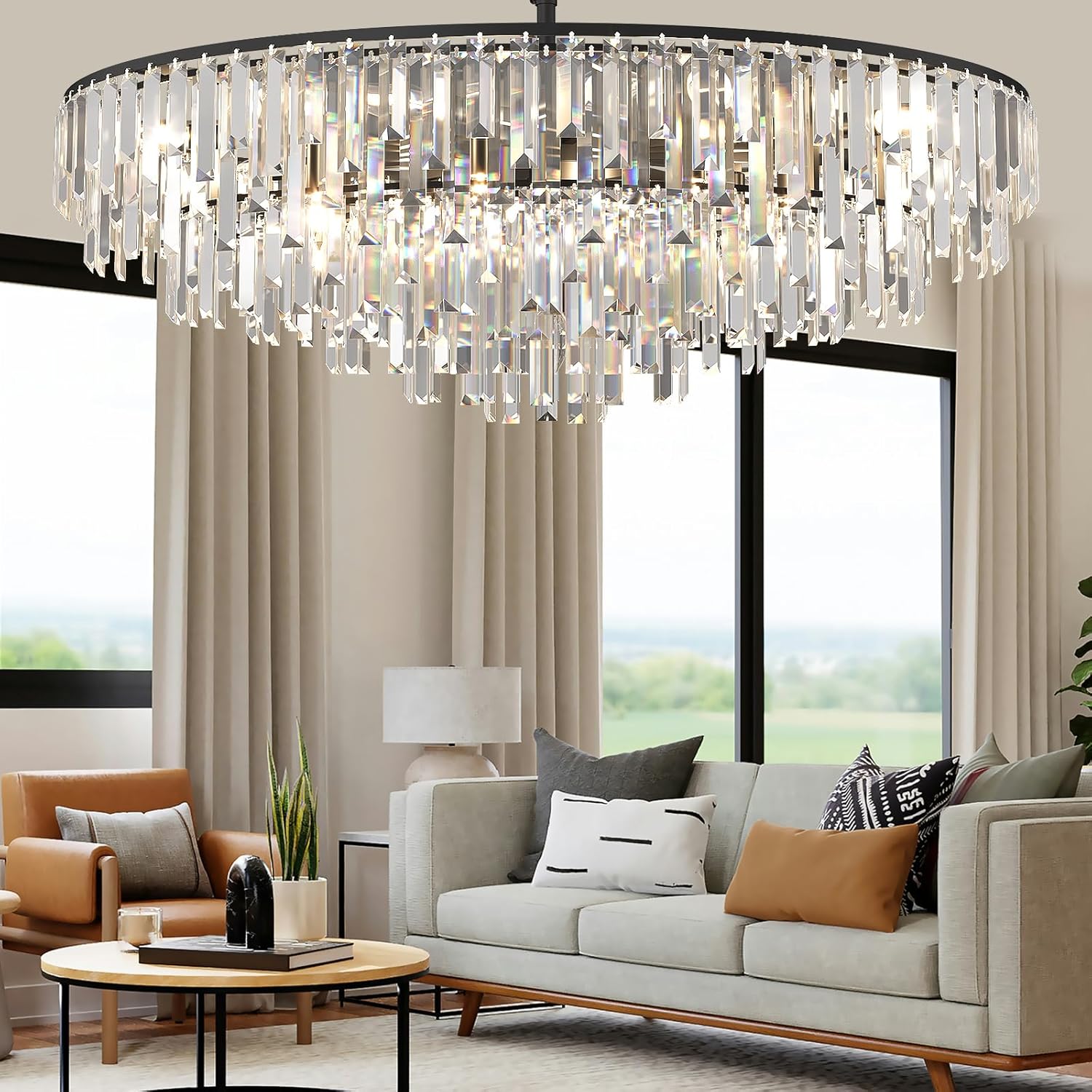 Modern Black Pendant Lamp Contemporary Gold 4/5/6/7-Tier k9 Crystal Chandelier Light