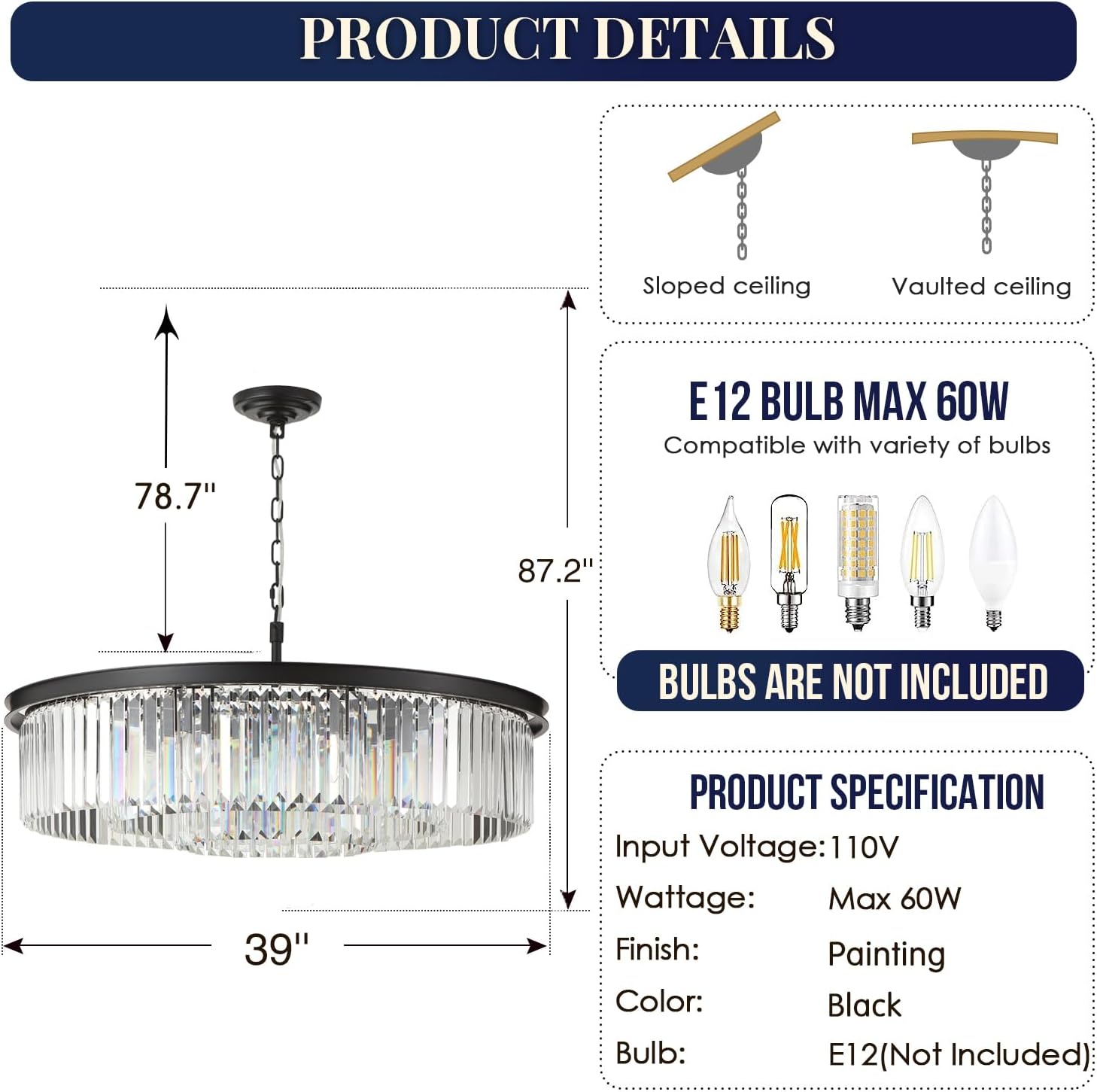 Meerosee Black 3-Tier Crystal Chandelier Light Modern Luxury Pendant Ceiling Lamp