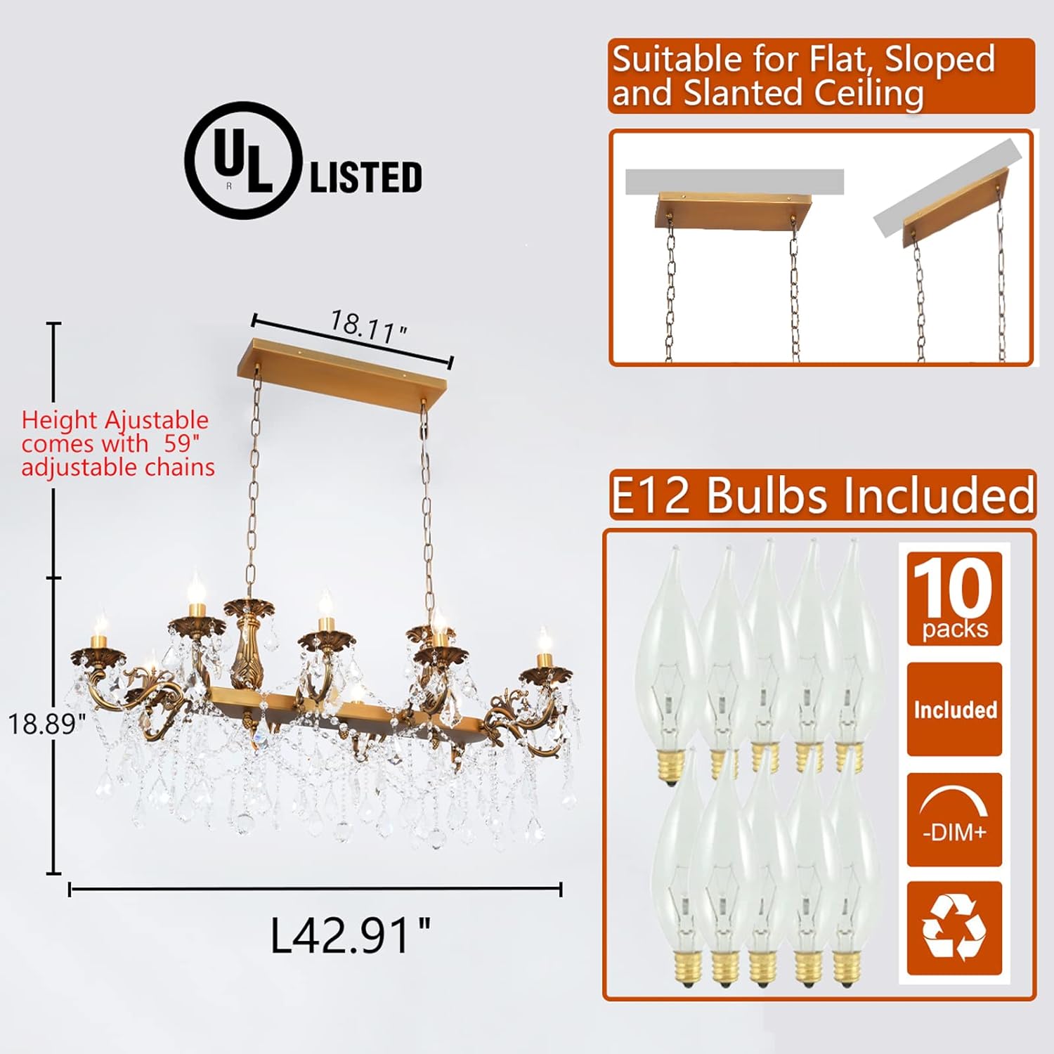 Crystal Chandeliers Rectangle Hanging Ceiling Light Fixture L33.85/L42.91/L51.95