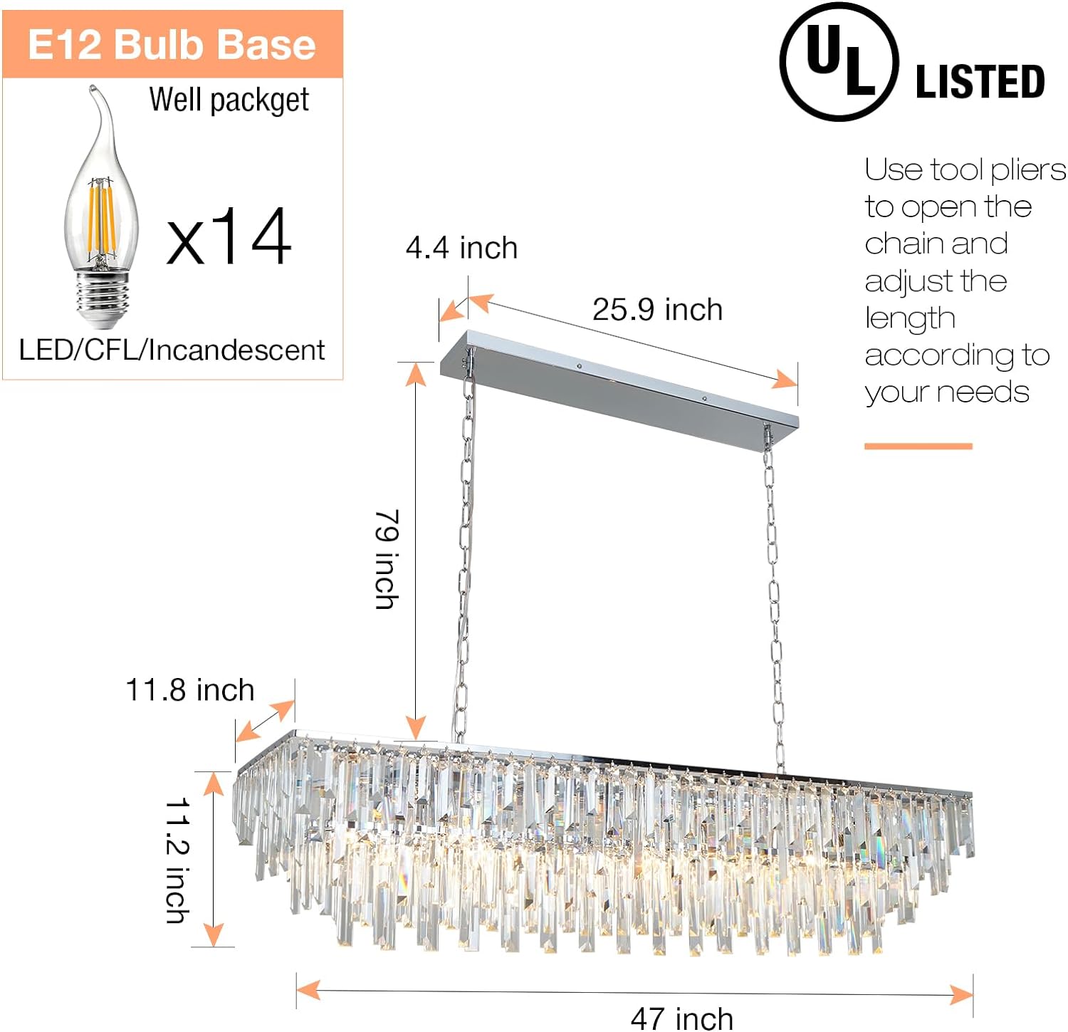 Meerosee Chrome K9 Crystal Chandelier Rectangle Modern Rectangular Pendant Lighting