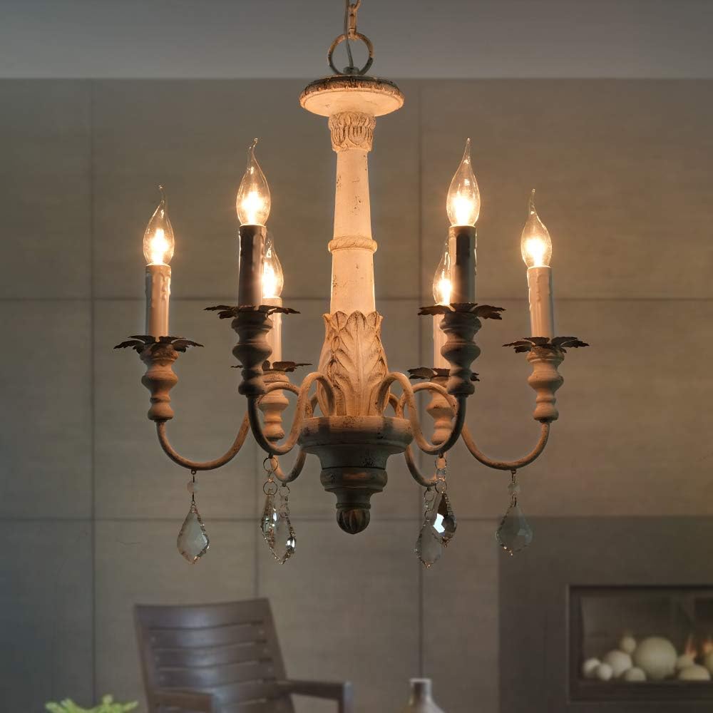 French Country Candle-Style Chandelier White Distressed Wood Pendant Lighting W20.8''