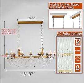 Crystal Chandeliers Rectangle Hanging Ceiling Light Fixture L33.85/L42.91/L51.95