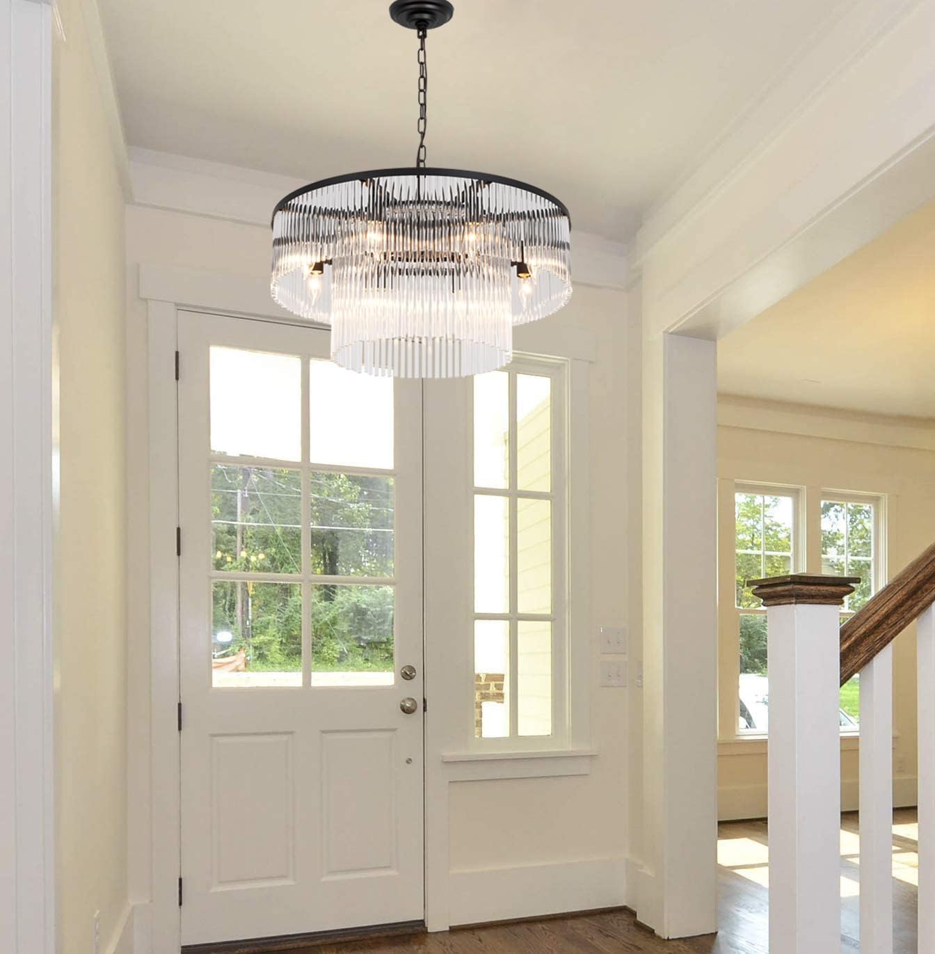 Contemporary Black Chandeliers Light Round Crystal Pendan Lamp for Foyer Entryway Dining Room