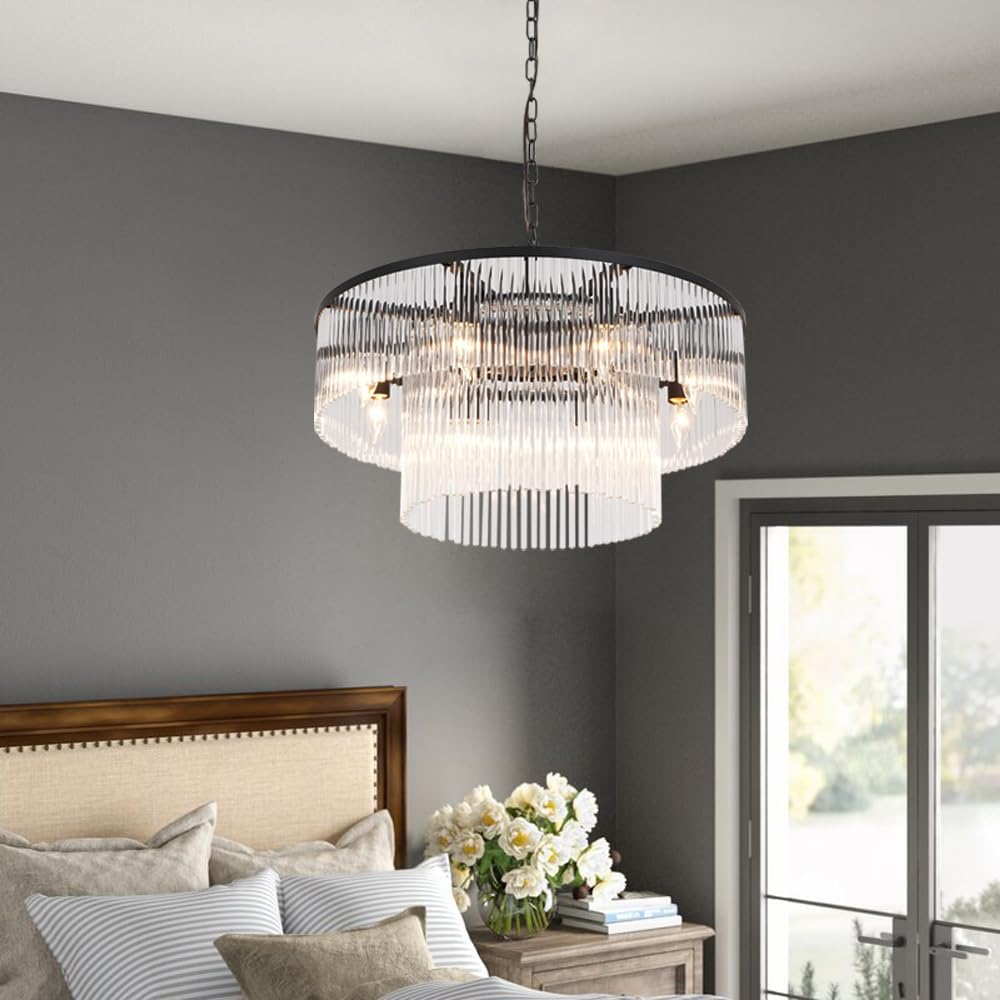Contemporary Black Chandeliers Light Round Crystal Pendan Lamp for Foyer Entryway Dining Room