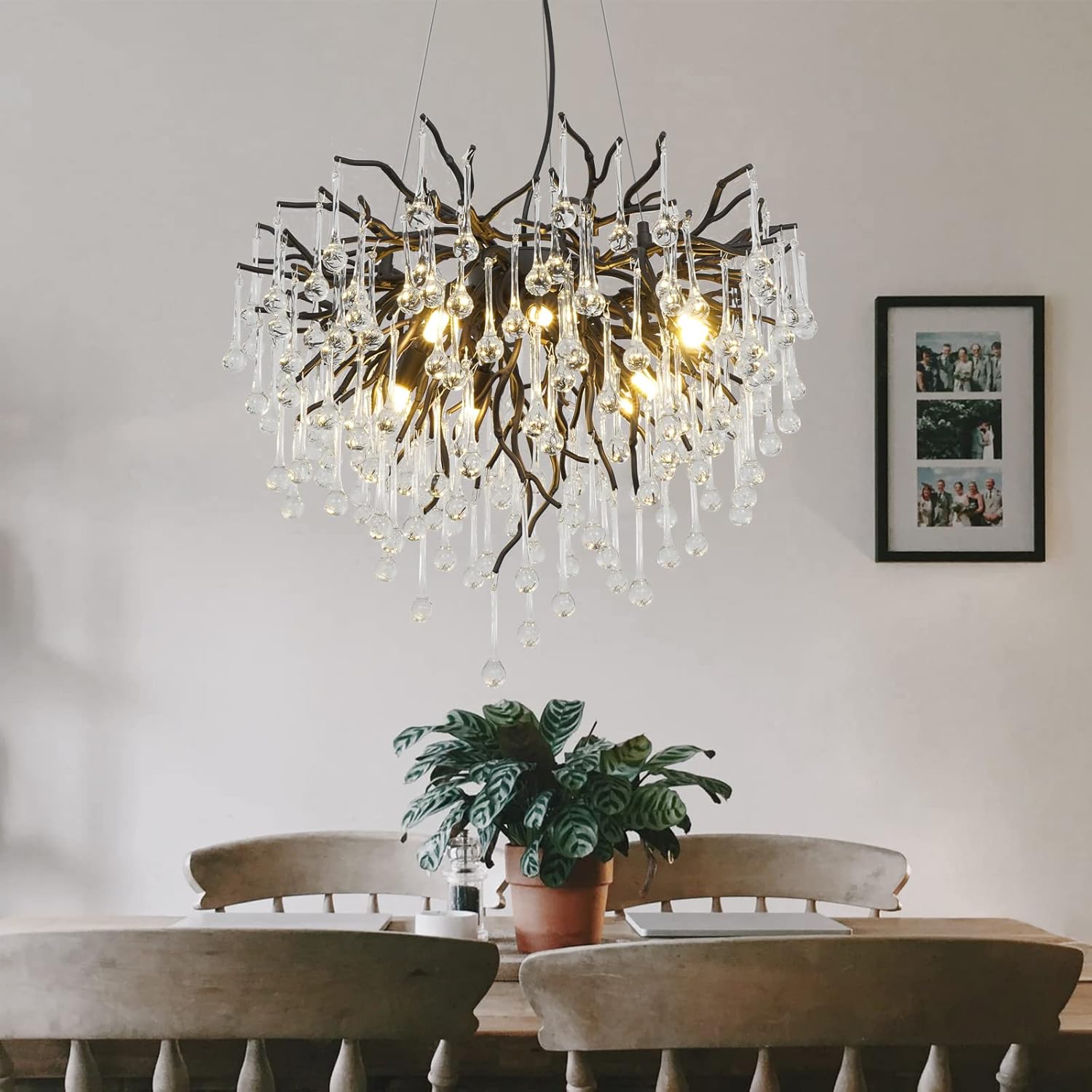 Modern Crystal Tree Branch Chandelier Rectangle Oval Raindrop Black Indoor Pendant Light