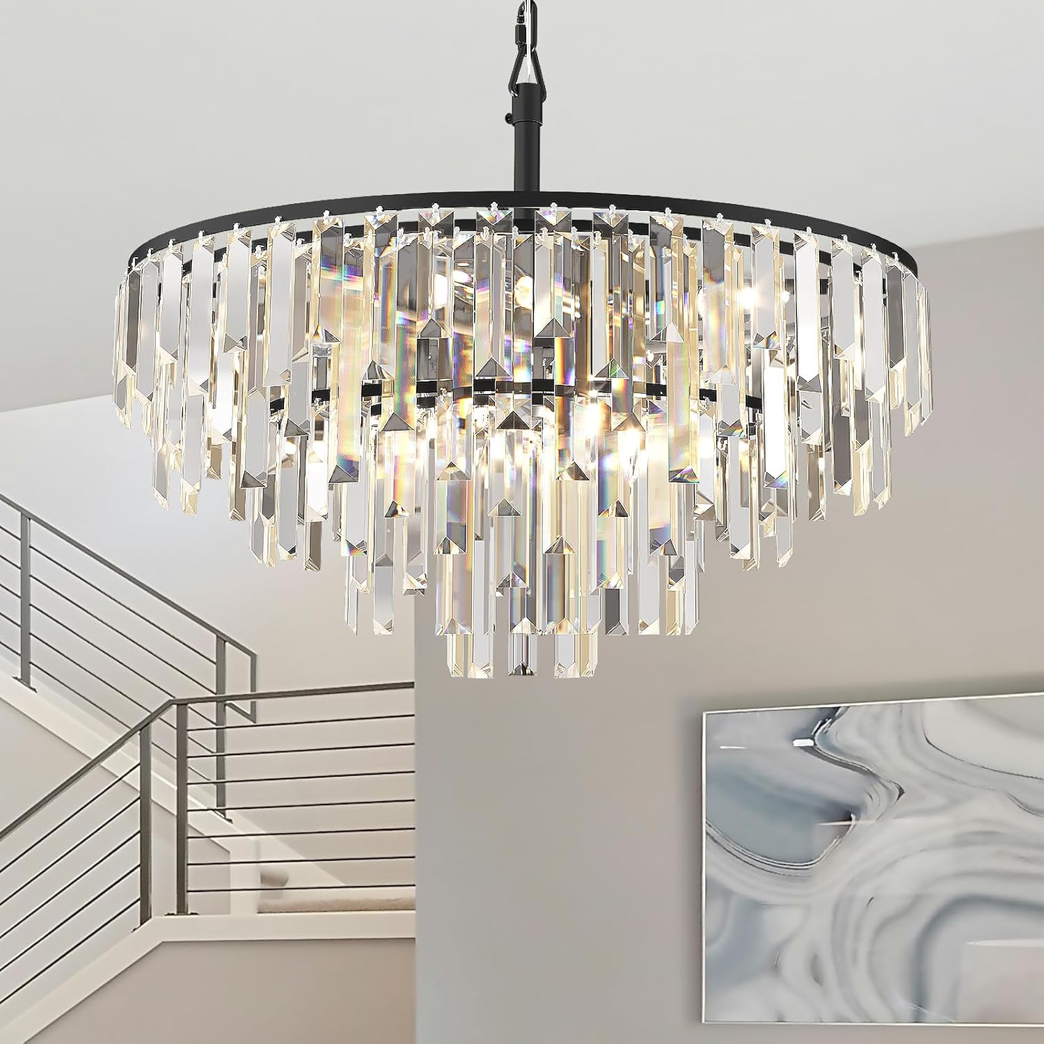 Modern Black Pendant Lamp Contemporary Gold 4/5/6/7-Tier k9 Crystal Chandelier Light