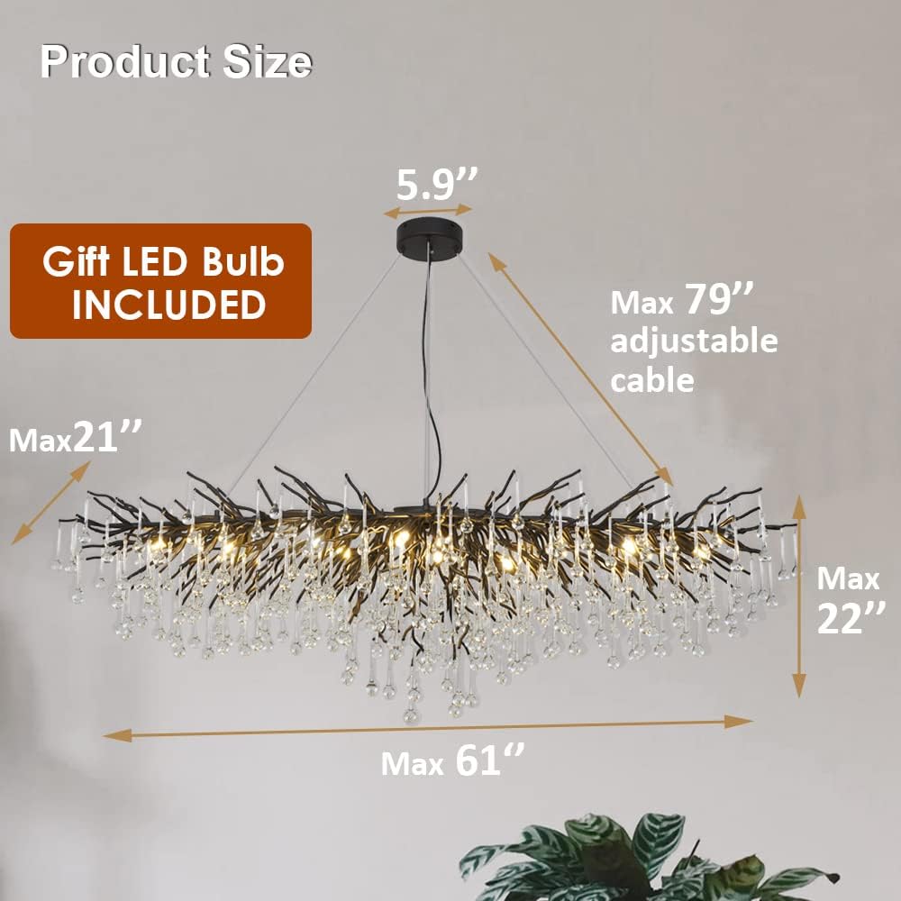 Modern Crystal Tree Branch Chandelier Rectangle Oval Raindrop Black Indoor Pendant Light