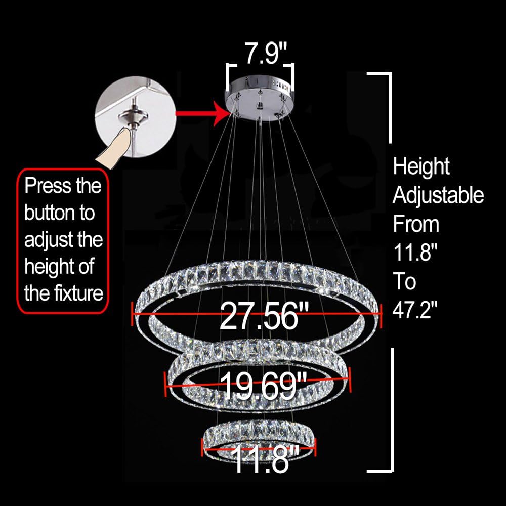 Meerosee Modern Chandelier Light LED Pendant Lamp Adjustable Stainless Steel 2/3 Rings