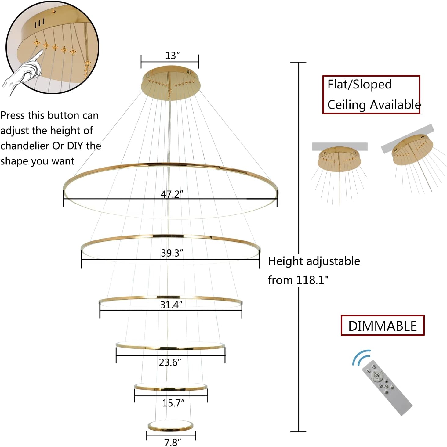 Modern Led Gold Chandelier for High Ceiling Entrance 6 Ring Dimmable 47.2 inch
