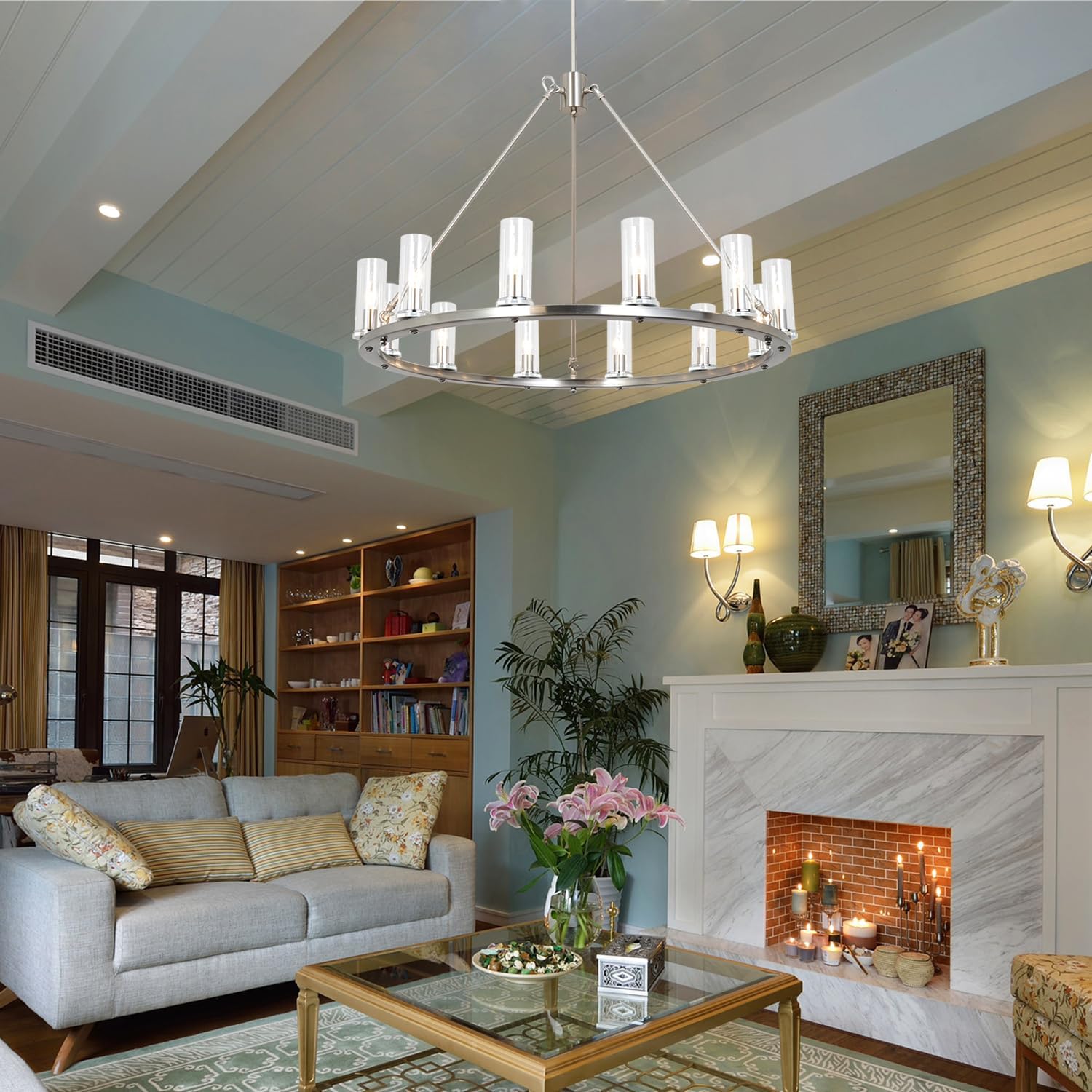 W35.4 Brushed Nickel Chandelier Wagon Wheel Chandeliers for Dining Room Foyer