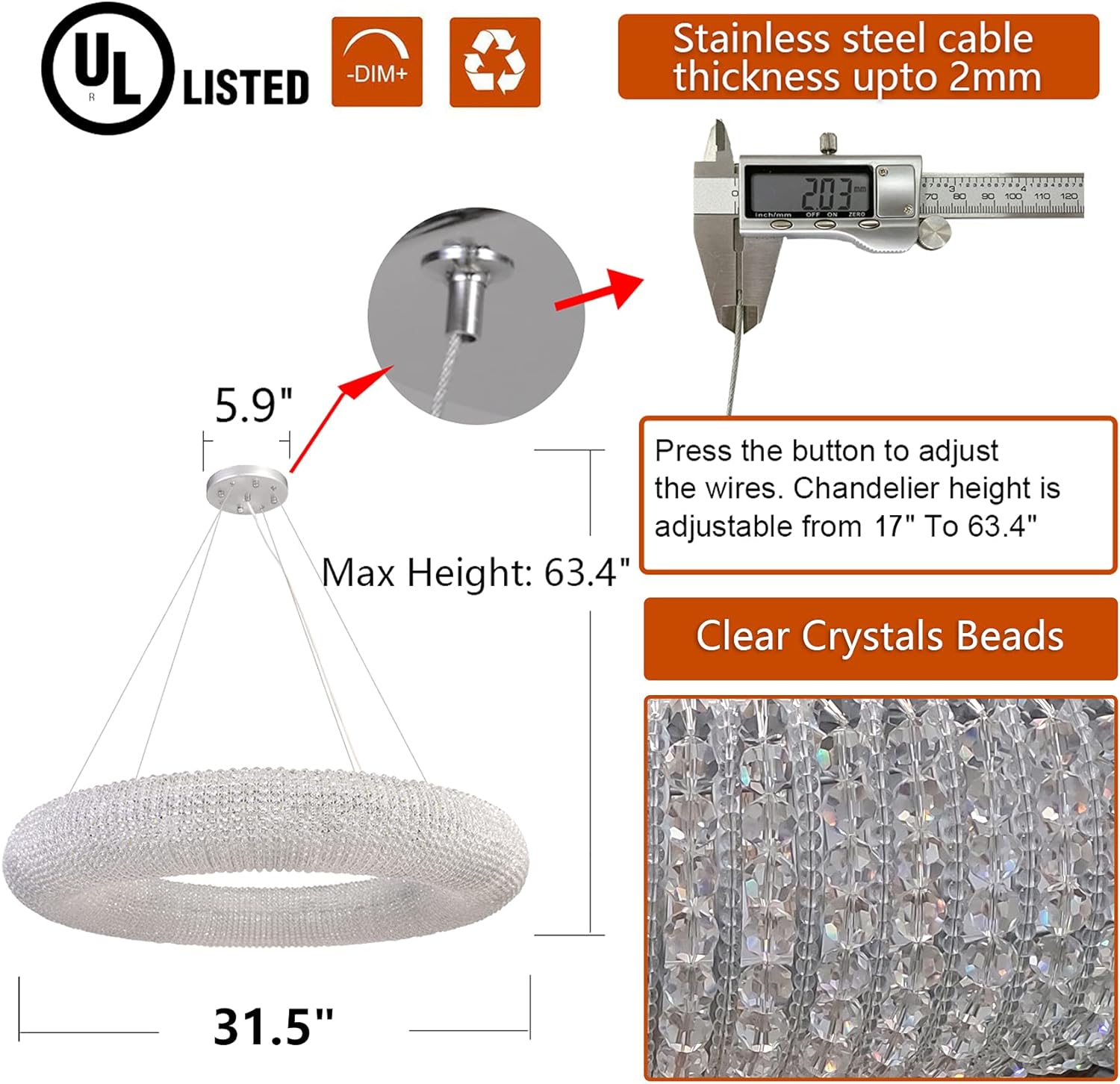 Modern Crystal Pendant Lamp Adjustable Stainless Steel Cable D31.49”