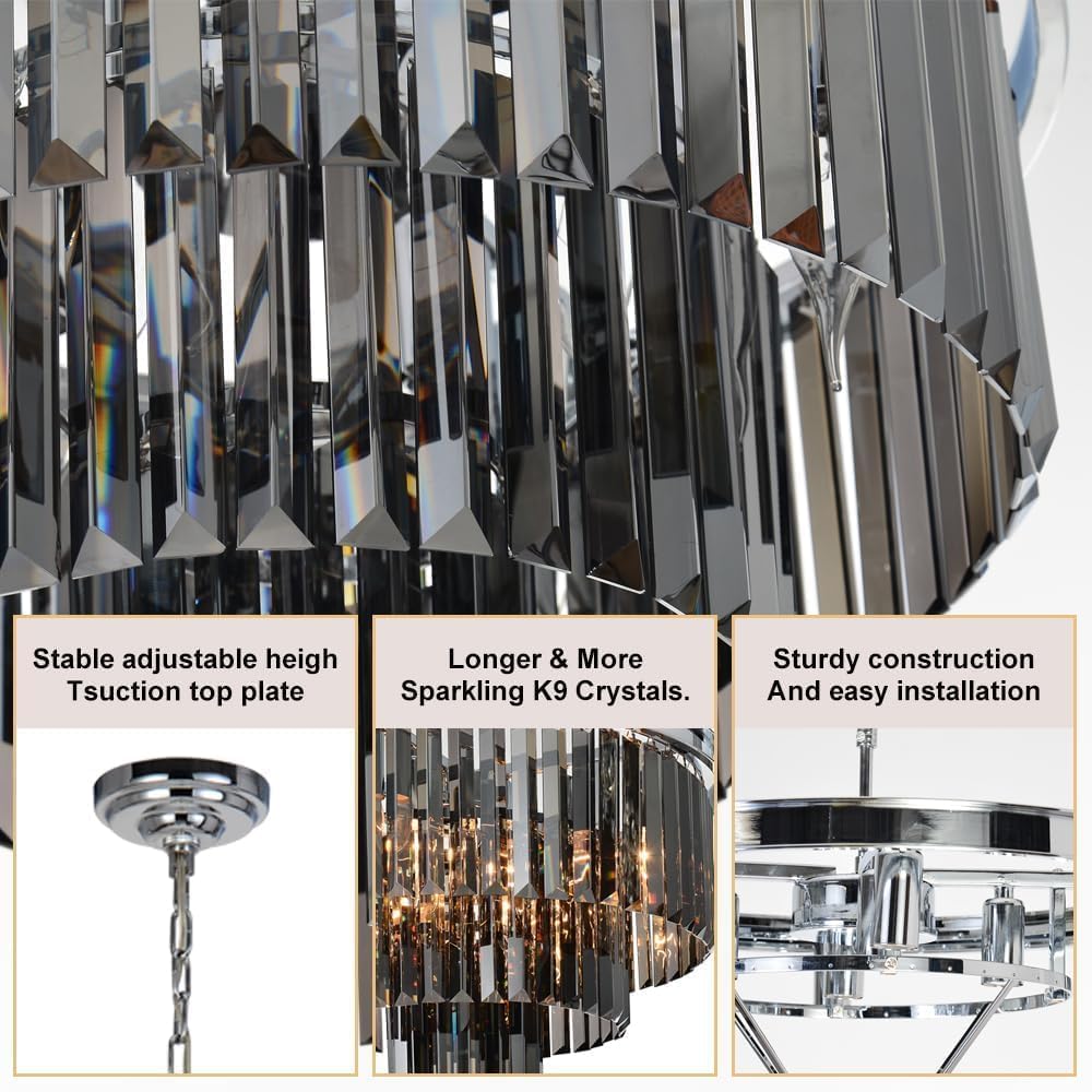Chrome Grey Crystal Chandelier Modern Pendant Ceiling Light D20/D24/32 inch