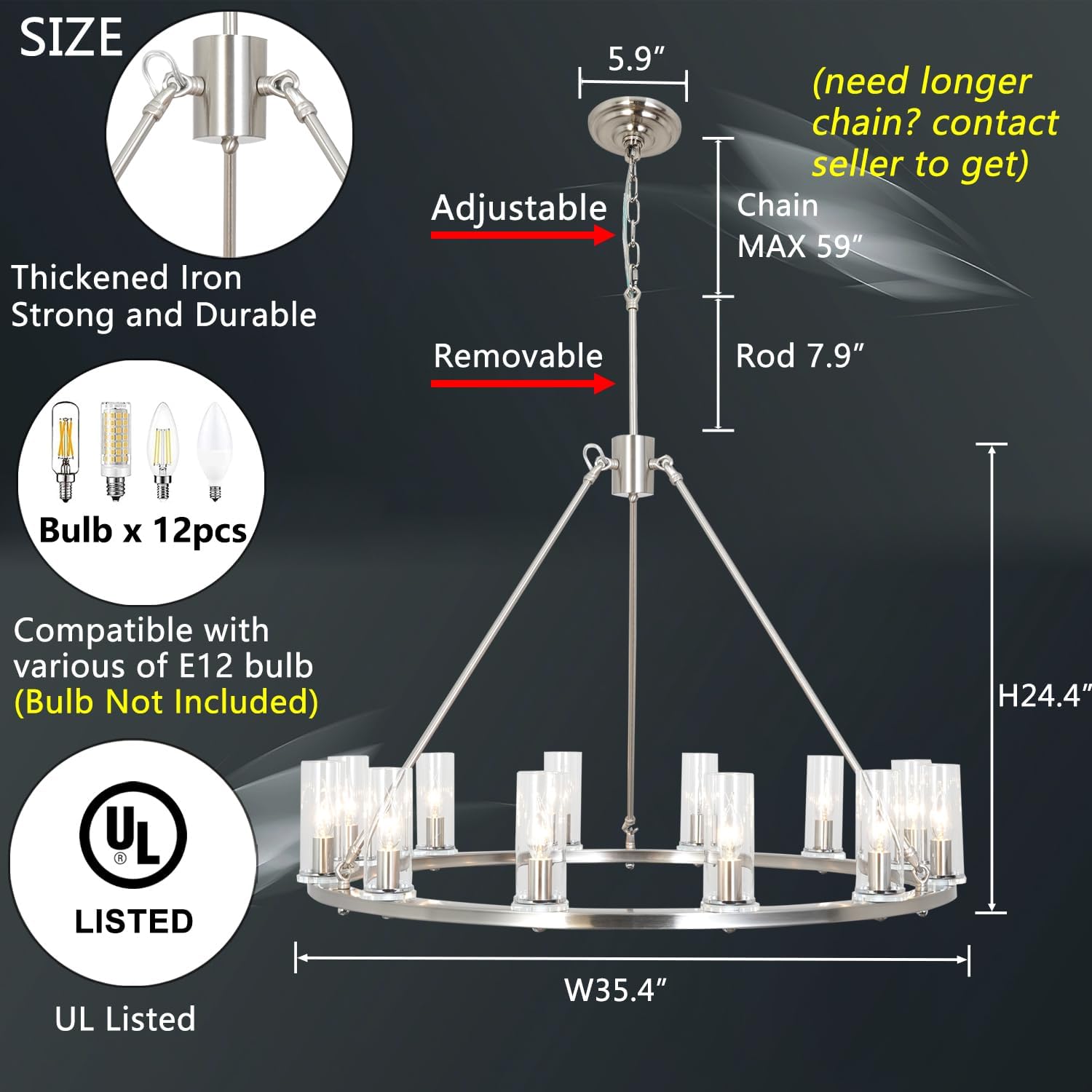W35.4 Brushed Nickel Chandelier Wagon Wheel Chandeliers for Dining Room Foyer