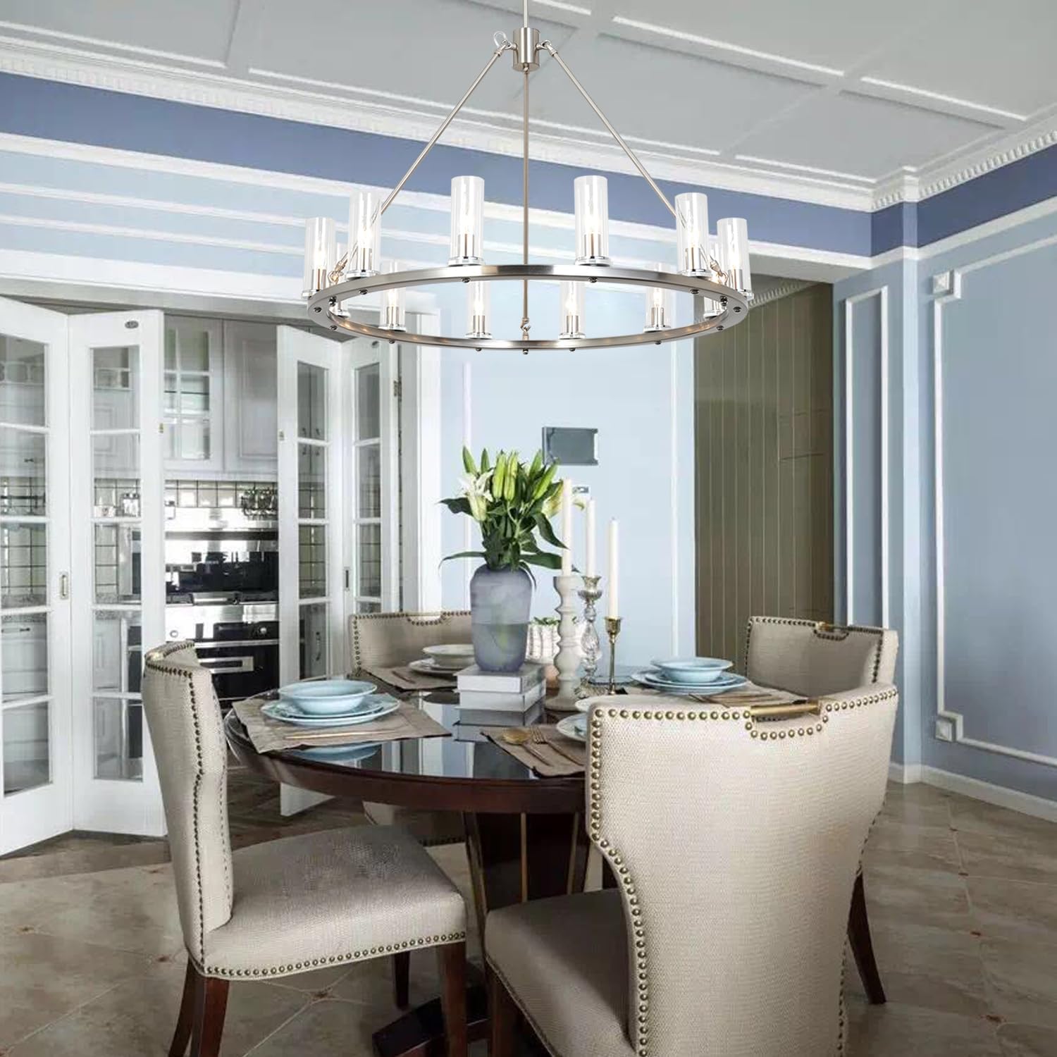 W35.4 Brushed Nickel Chandelier Wagon Wheel Chandeliers for Dining Room Foyer