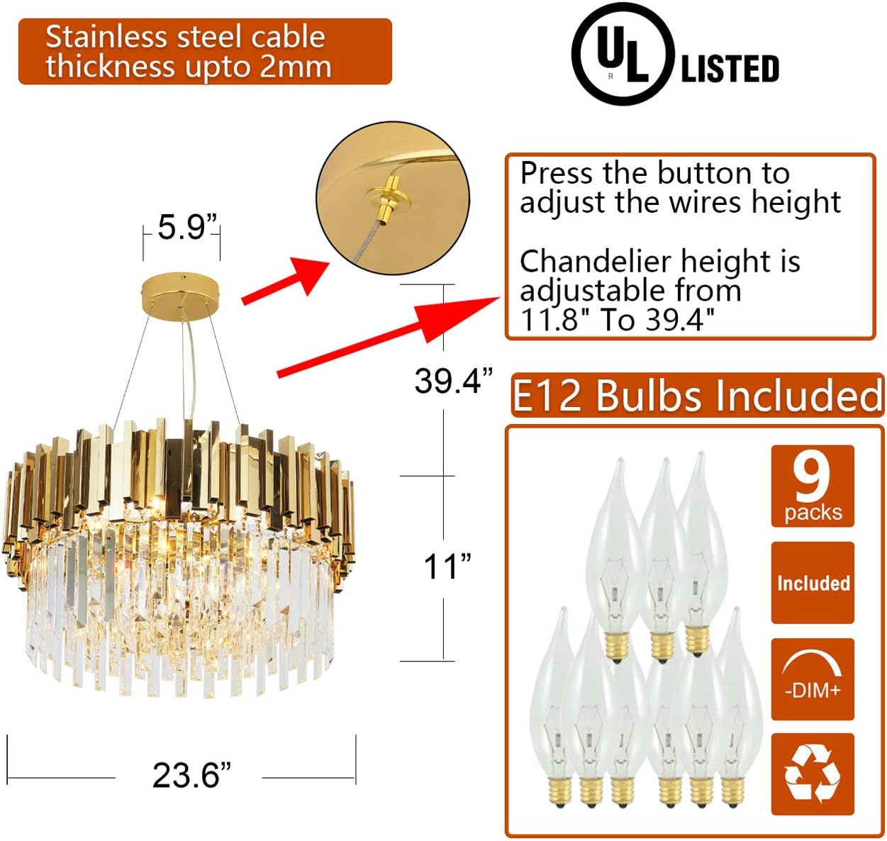 Gold/Chrome Chandelier Lighting Luxury Pendant Ceiling Light Dimmable 12-Lights