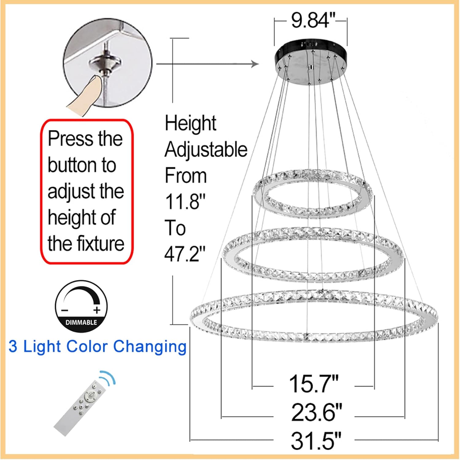 Crystal Chandeliers Dimmable Modern LED Pendant Lights 3-Mode Light Color Change
