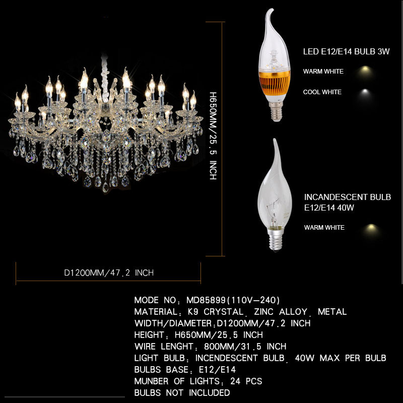 Luxurious Crystal Chandelier Light Fixture Chrome Pendant Lamp 24 Lights D47.2''