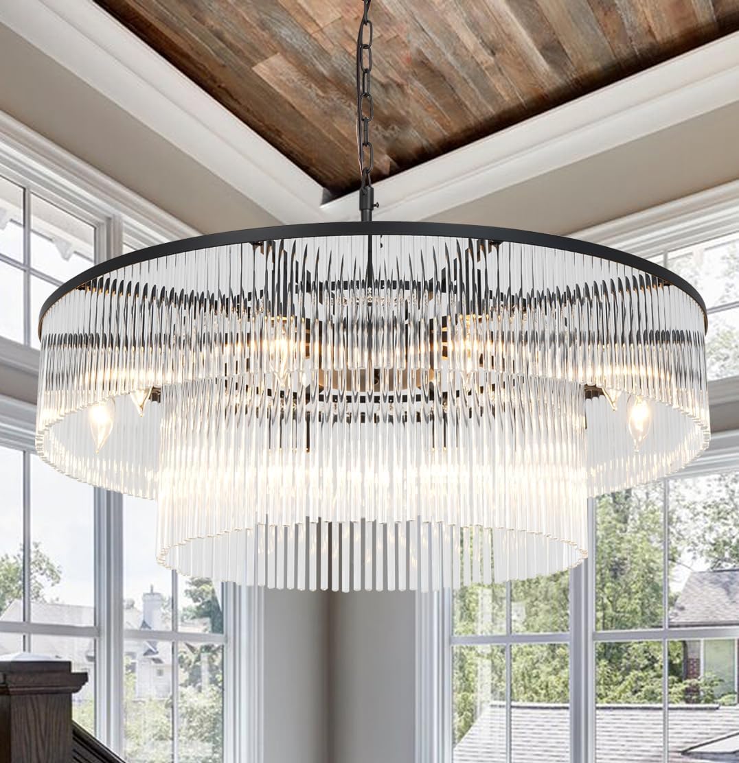 Contemporary Black Chandeliers Light Round Crystal Pendan Lamp for Foyer Entryway Dining Room