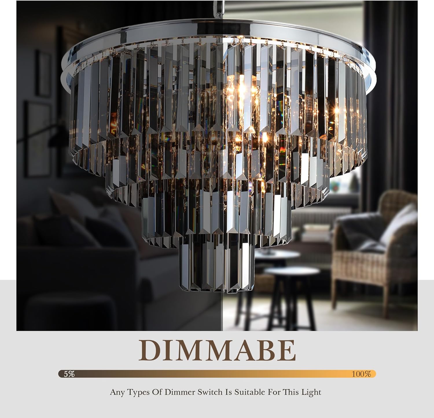 Chrome Grey Crystal Chandelier Modern Pendant Ceiling Light D20/D24/32 inch