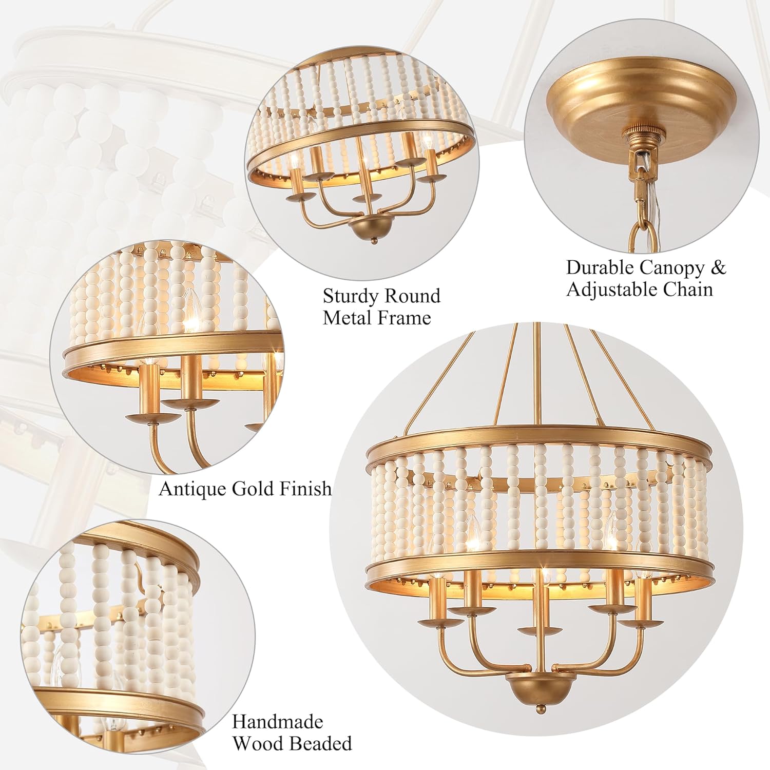 Wood Beaded Distressed Farmhouse Chandeliers 5-Light W19.7 Retro Antique White Pendant Lamp