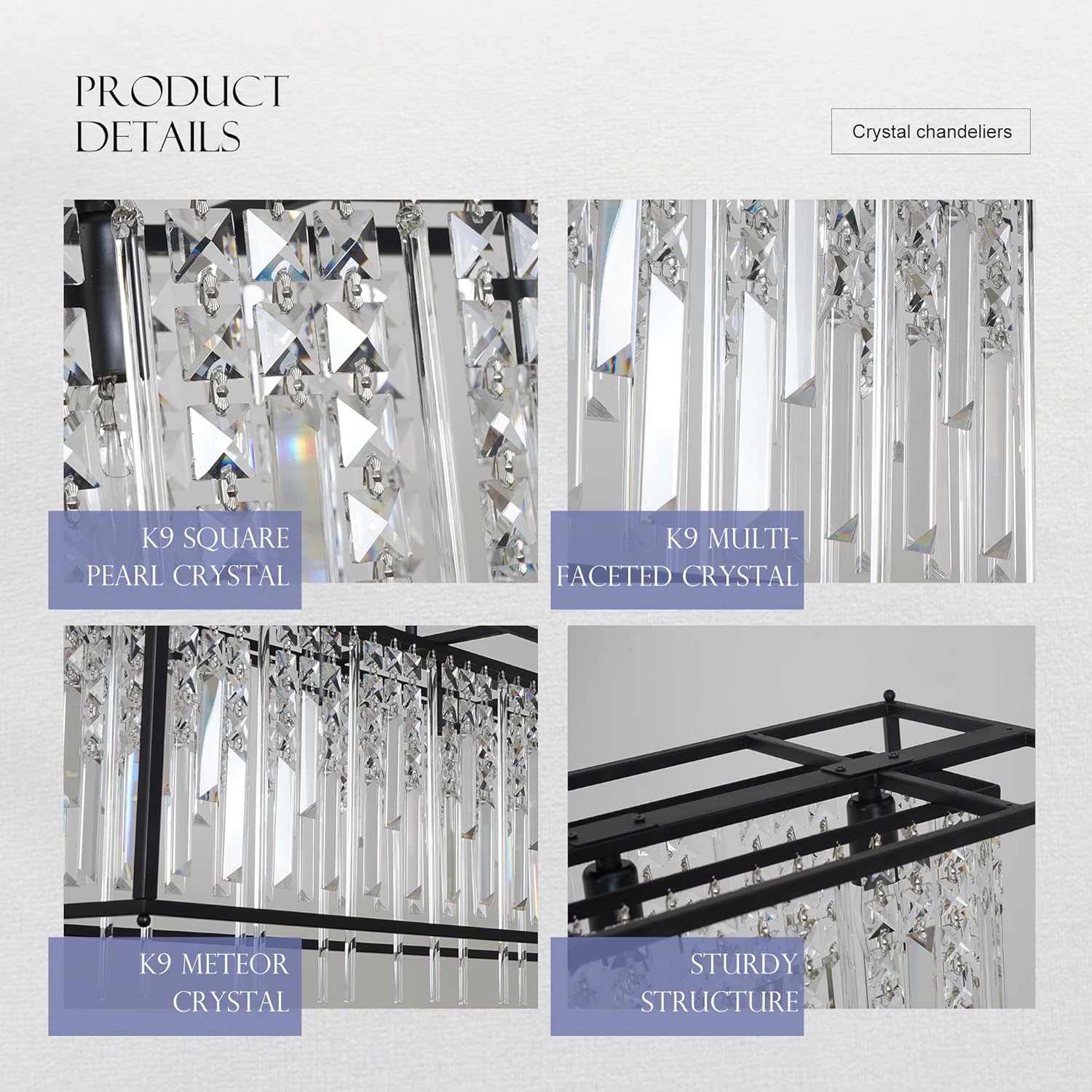 Modern Rectangular Crystal Chandelier Gold/Black Pendant Lights Fixture for Kitchen