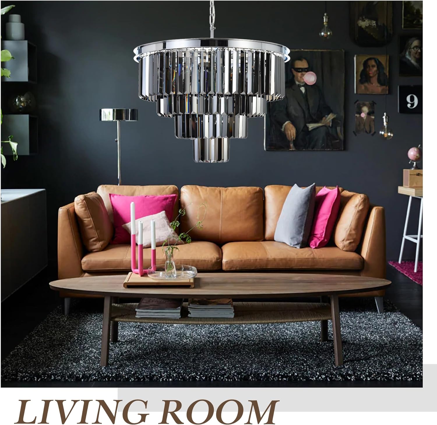 Chrome Grey Crystal Chandelier Modern Pendant Ceiling Light D20/D24/32 inch