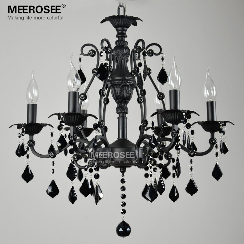 Meerosee Modern Crystal Chandelier Light Fixture Black Wrought Iron Pendant Lamp