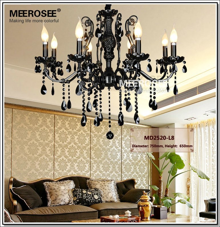 Meerosee Modern Crystal Chandelier Light Fixture Black Wrought Iron Pendant Lamp
