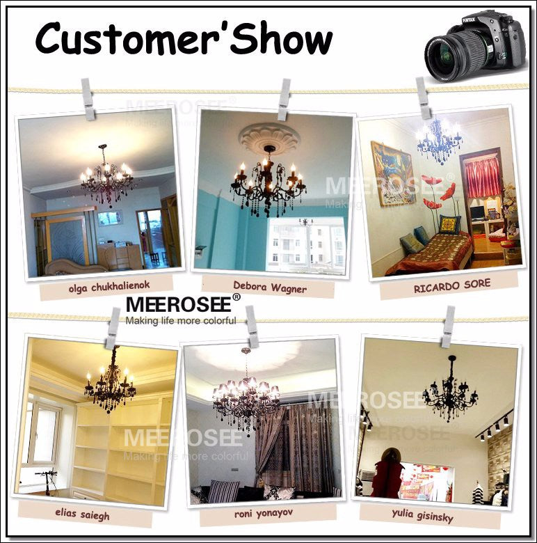 Meerosee Modern Crystal Chandelier Light Fixture Black Wrought Iron Pendant Lamp
