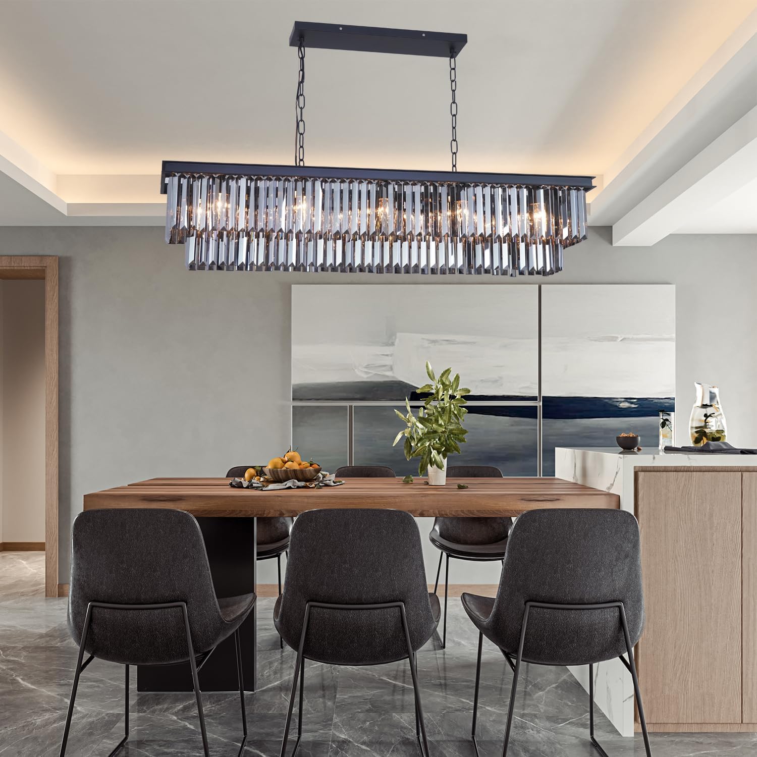 Modern Smoke K9 Crystal Chandelier Light Black Elegant Pendant Ceiling Lamp