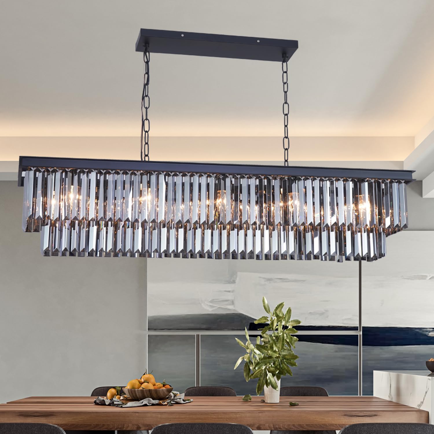 Modern Smoke K9 Crystal Chandelier Light Black Elegant Pendant Ceiling Lamp